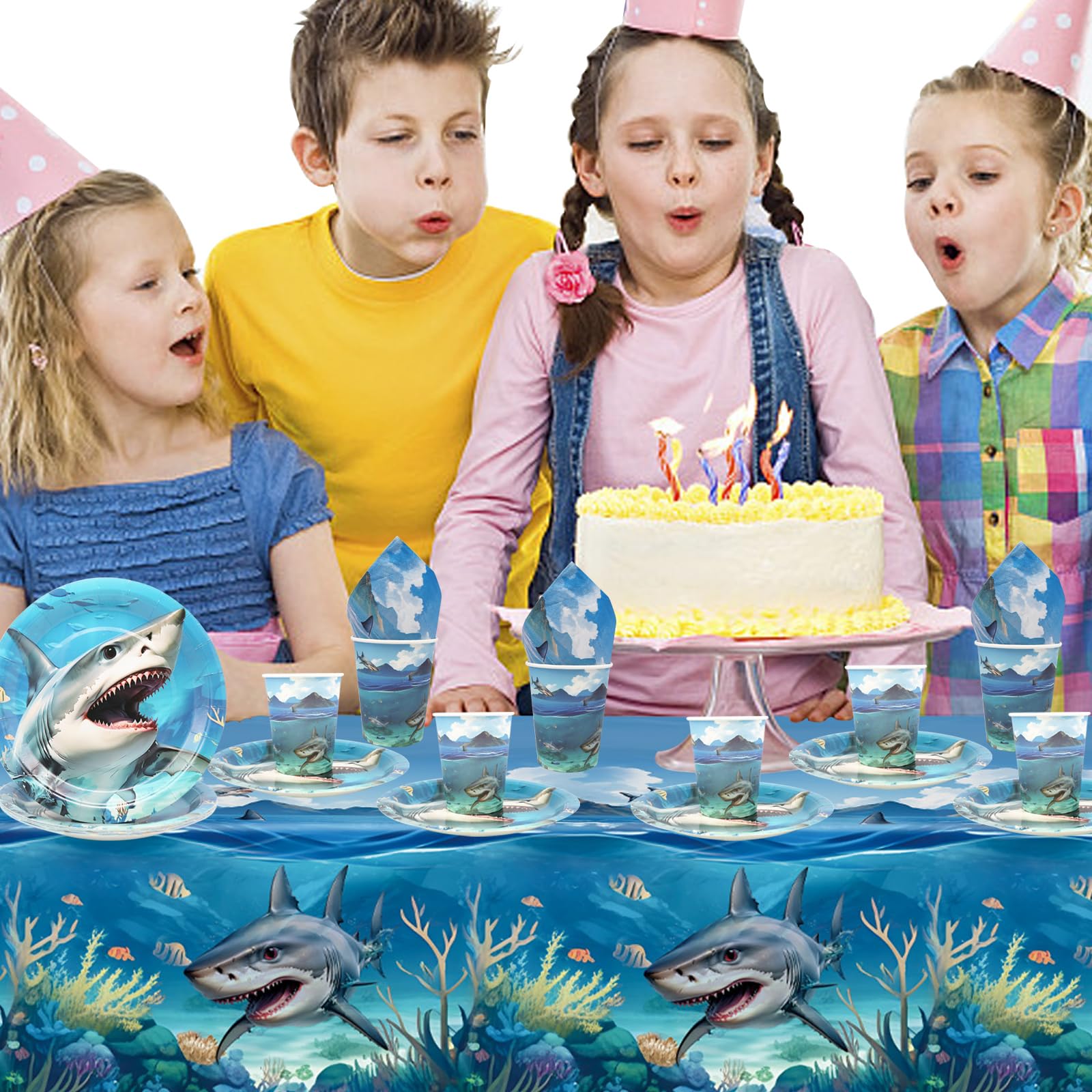 Vaisselle Jetable Thème Requin – 72 Pièces Pour 24 Invités, Assiettes, Gobelets, Serviettes - 3