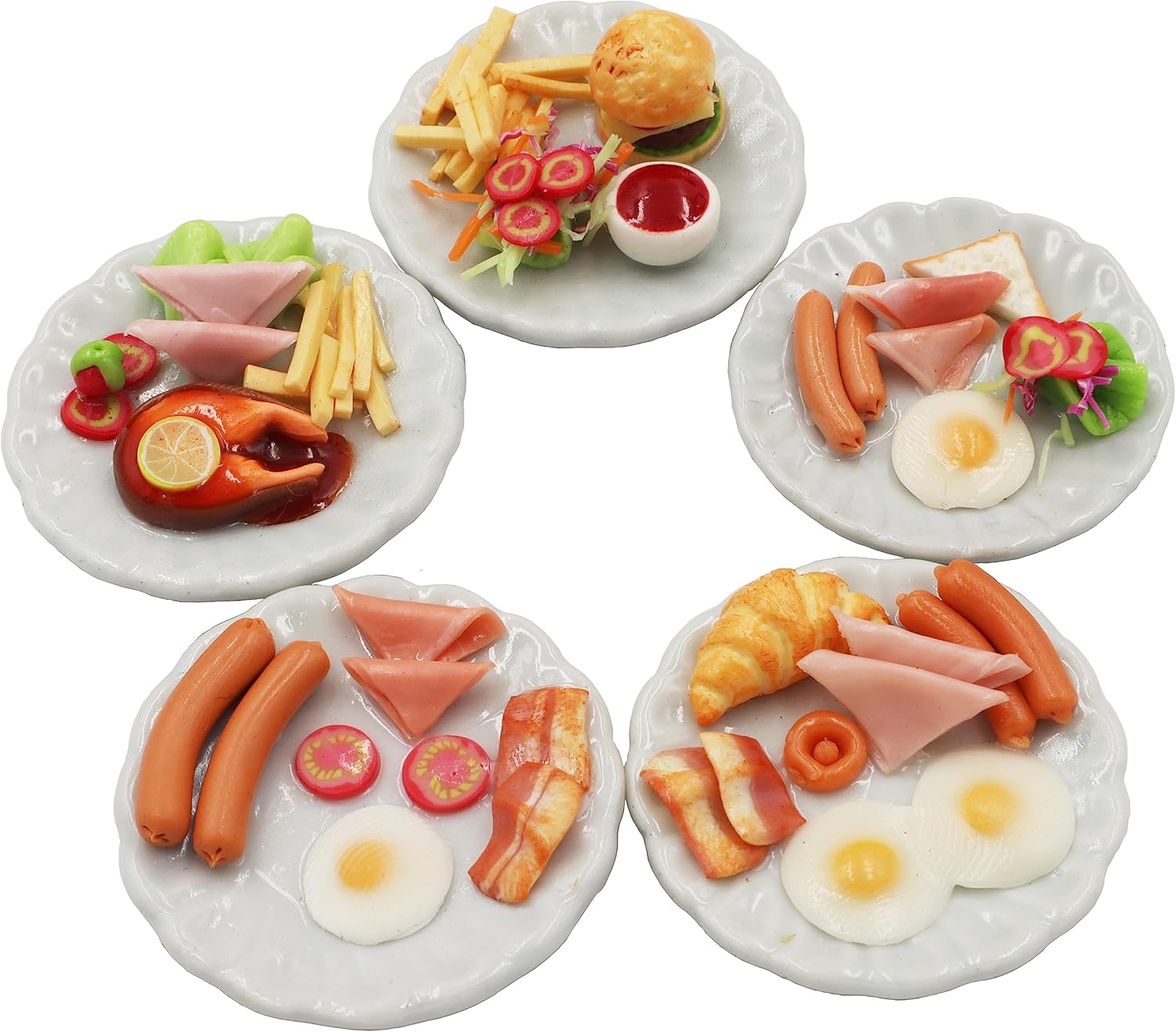 Mixed 5 Assorted Breakfast Dollhouse Miniature Food Set (1/6 Scale) – Sausage, Salmon Steak, Bacon, Burger & Fried Egg on Ceramic Plates, Handmade Mini Food Accessories