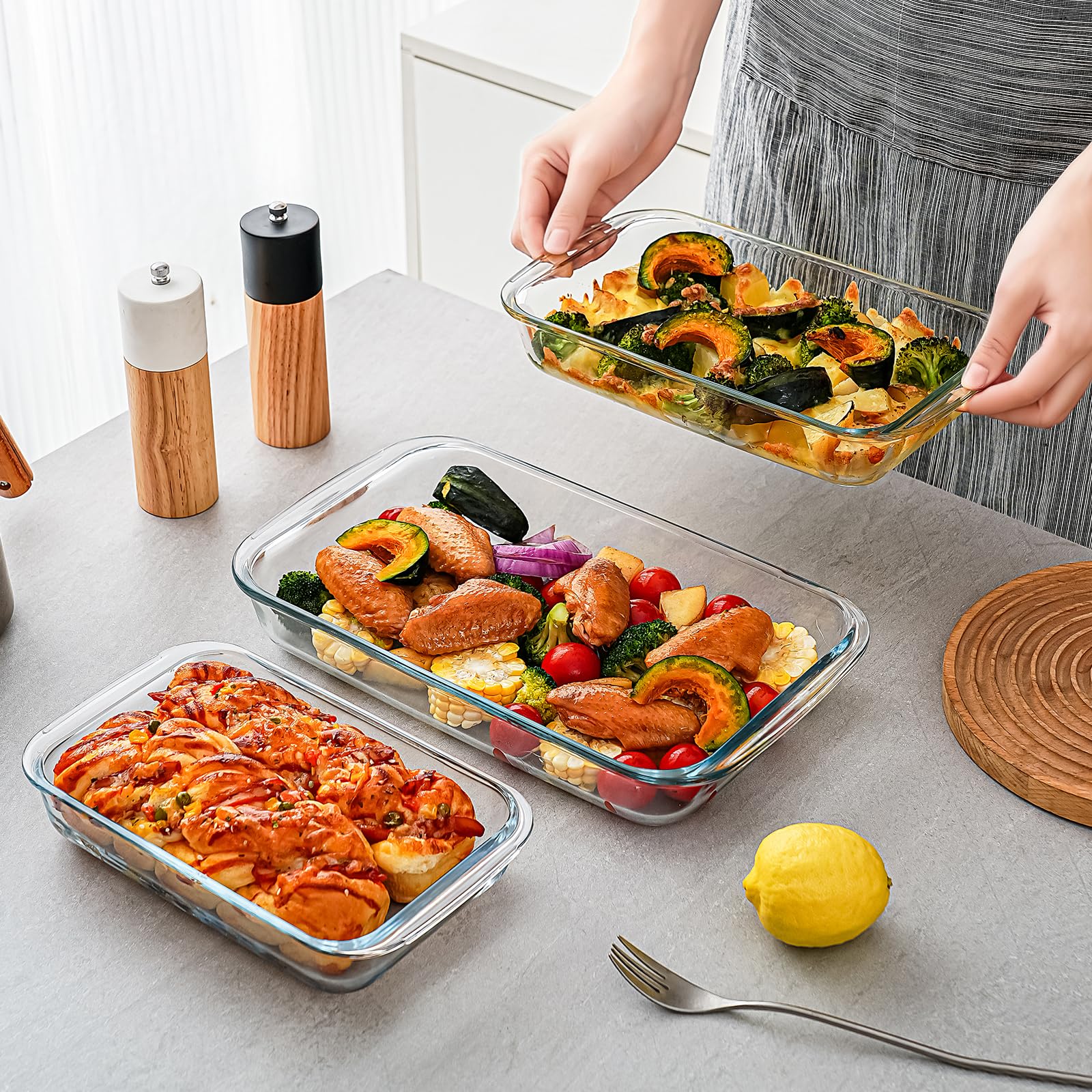 Lot de 3 Plaques de Cuisson Rectangulaires en Verre Borosilicate de 2,3 Litres + 1,6 Litre + 1 Litre pour Micro-ondes et Four, Adaptées pour la Cuisine, la Cuisson du Pain, des Gâteaux et des Repas