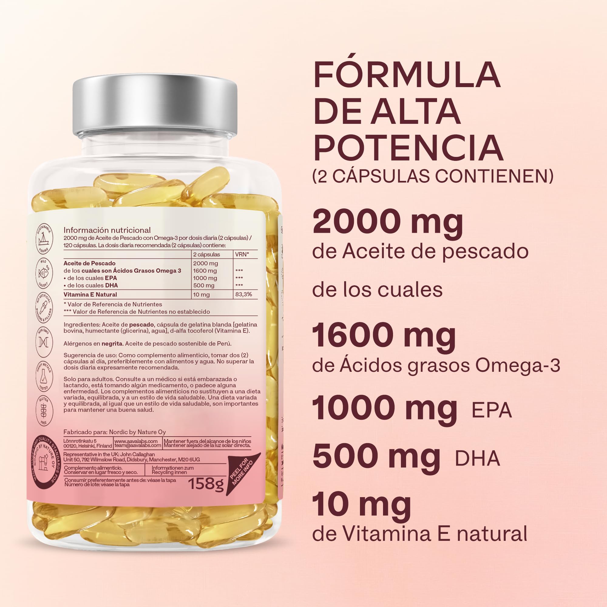 Aavalabs Omega 3 2000mg por dosis diaria (2 cápsulas) - 1000mg de EPA + 500mg de DHA por dosis diaria - Ácidos Grasos de Alta Potencia - Destilado Molecularmente - 120 Cápsulas - 60 días de suministro