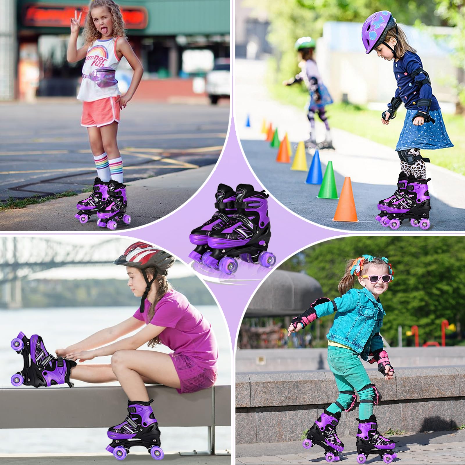 Patins à roulettes pour Enfants garçons et Filles, 4 Tailles réglables pour Enfants et Adolescents avec Roues Lumineuses, Violet et Blanc à roulettes Quad pour Le Sport