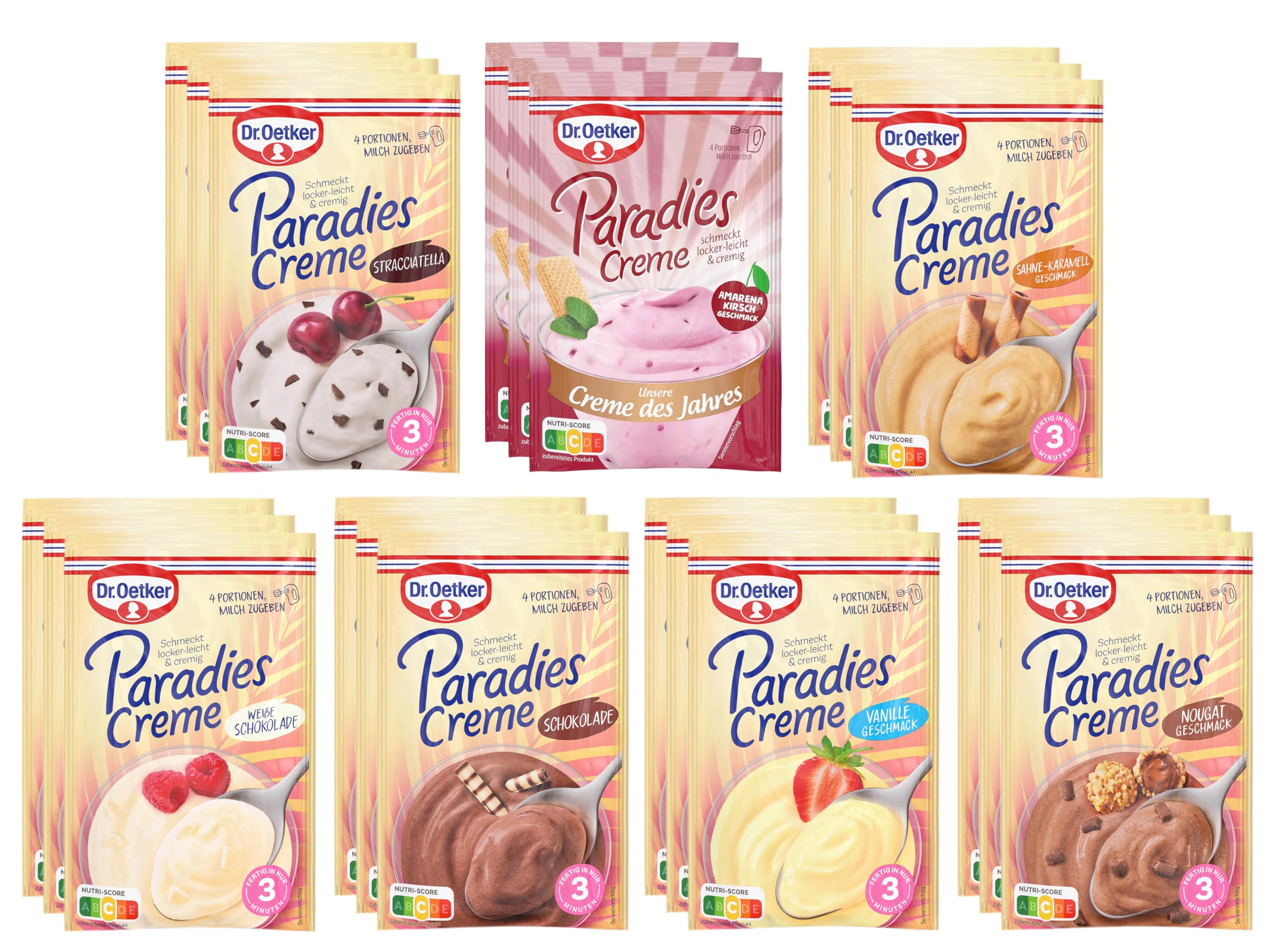 Dr. Oetker Paradies Creme im 21er Probier-Set Cremiges Dessert ohne Kochen, in unseren Sorten Vanille, Schokolade, Stracciatella, Nougat, Weiße Schokolade, Sahne-Karamell und Amarena Kirsch