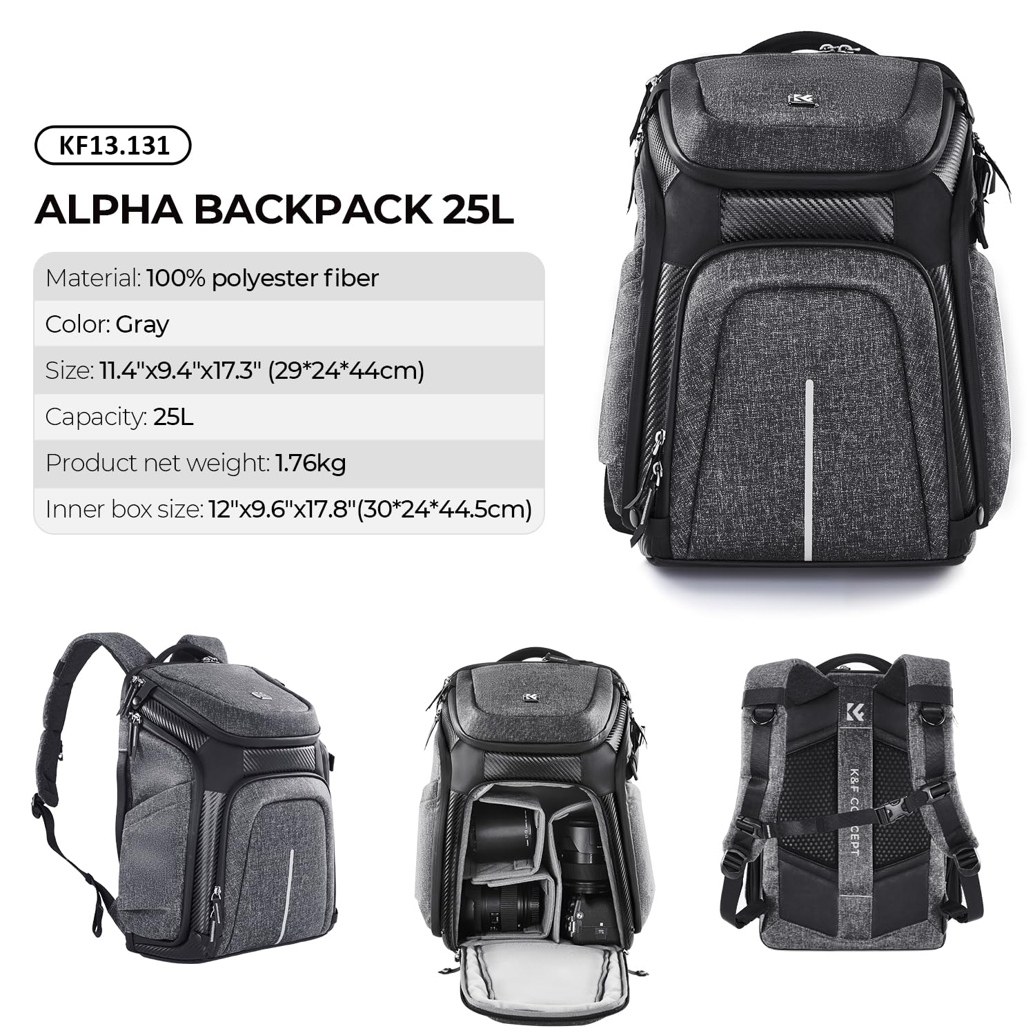 K&F CONCEPT Multifuncional Mochila para Cámara Profesional Mochila de Fotografía, 25L+1.5L Expansión Bolsa para Cámara con Cubierta para Lluvia Antirrobo, Compartimiento para Portátil de 16 Pulgadas