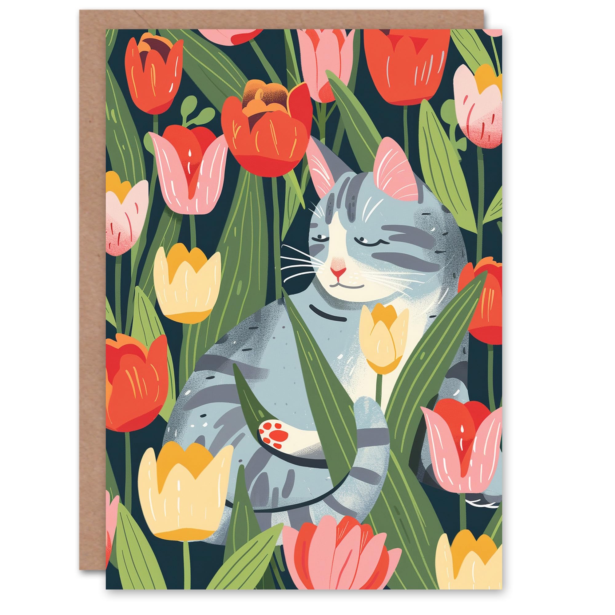 Artery8 Birthday Card - Cat Lover Grey Kitty Among Tulip Flowers Greeting Card in Green