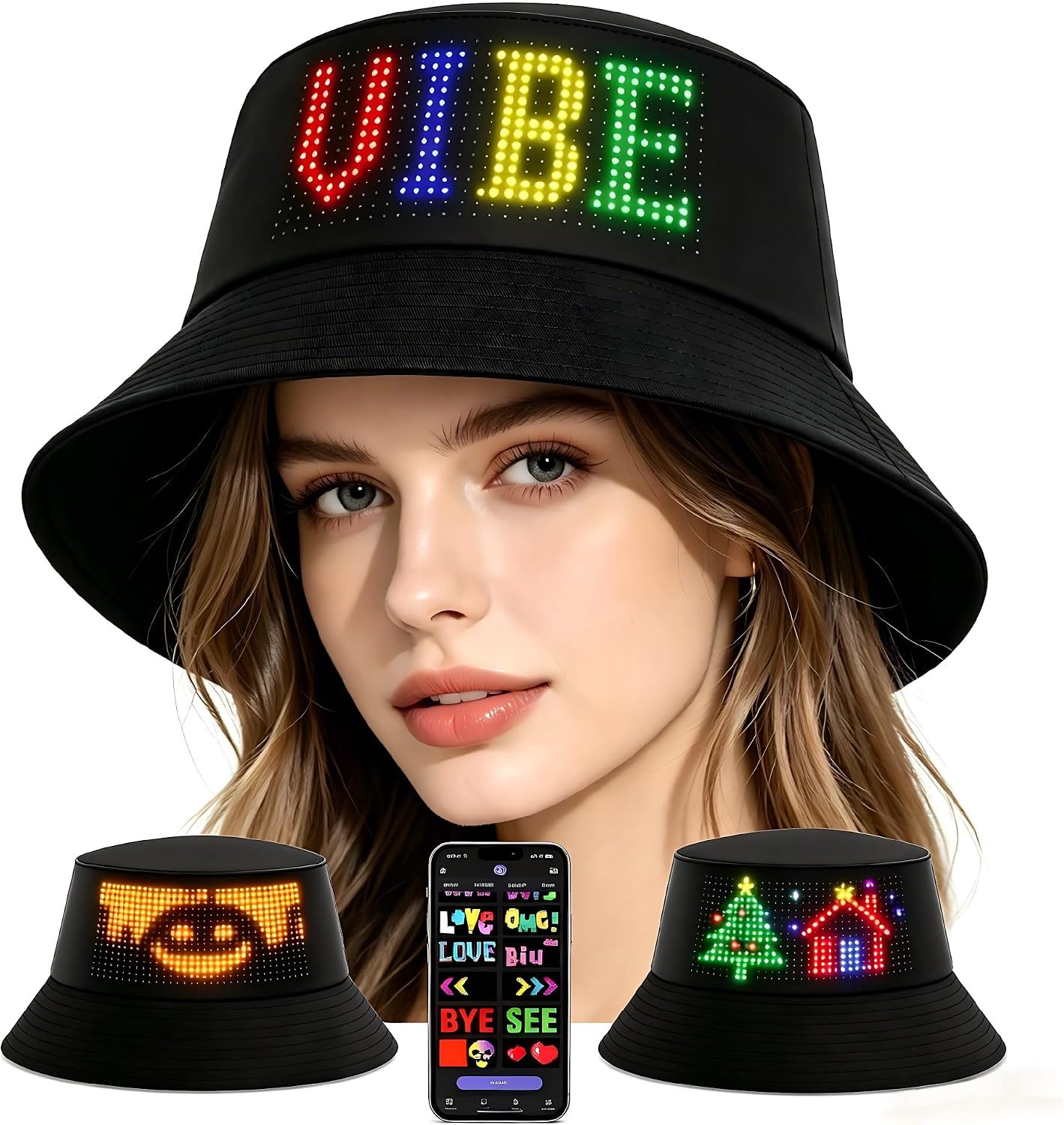 LED Bucket Hat, Programmable Light Up Hat with Bluetooth App Controlled Custom Display Glow Hat for Men Women