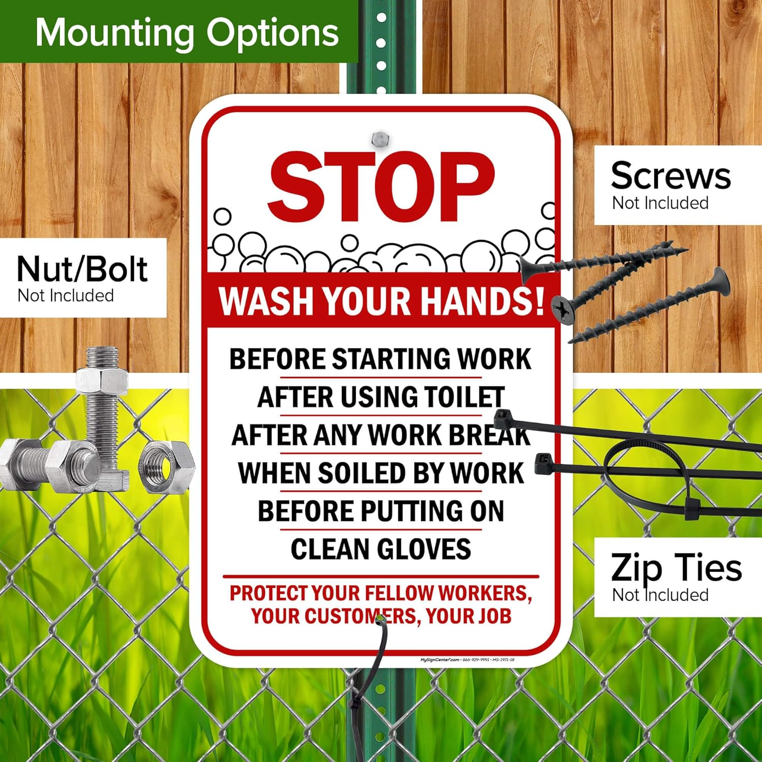 Stop Wash Your Hands Before Starting Work, After Using Toilet, After Any Work Break, When Soiled By Work Sign, 12"x18" Aluminum, Fade Resistance, Indoor/Outdoor Use, USA MADE By My Sign Center