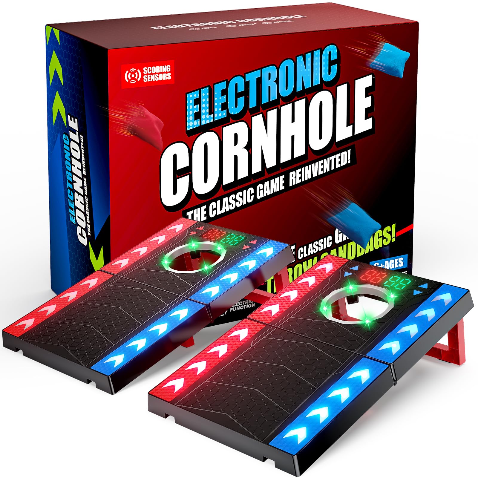 Electronic Cornhole Game Set with Automatic Scoring, LED Lights & Music, Portable Bean Bag Toss Game with 2 Boards & 8 Bean Bags, Garden Outdoor Games for Kids 8+, Adults, Beach Camping Lawn Games