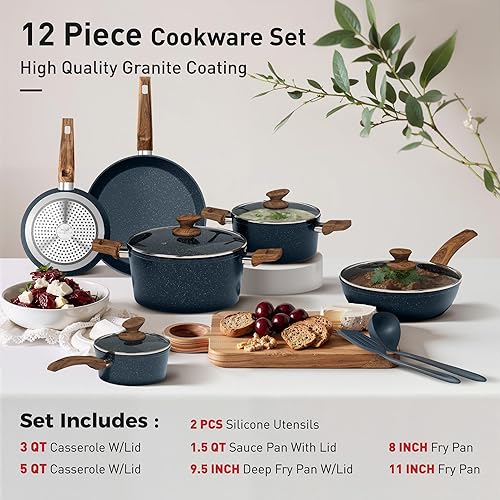 Miniatura 6 de DisDelight - Juego de ollas y sartenes de inducción antiadherentes, antiadherentes de granito para cocina, sartenes azules, sin PFOA ni PFOS