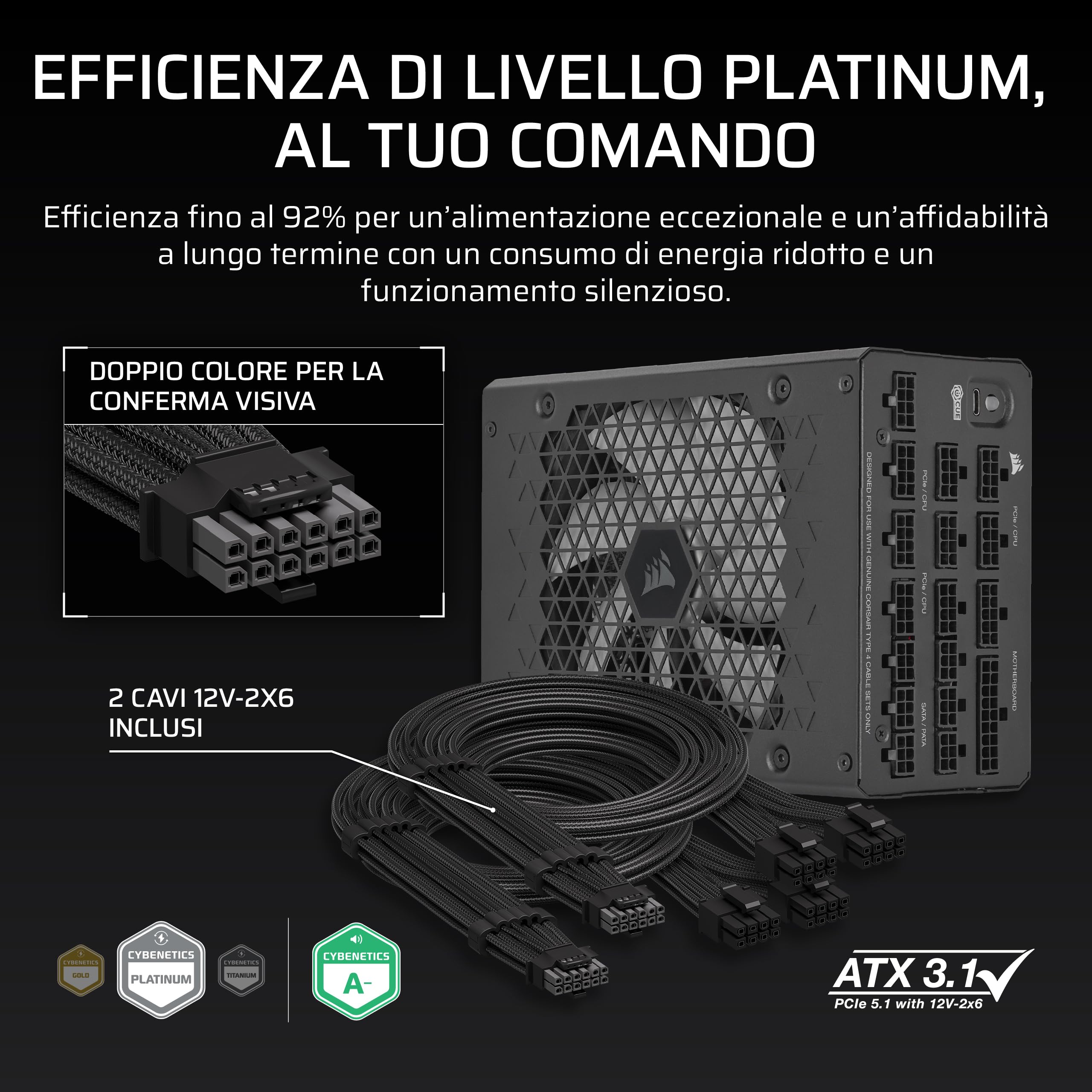 CORSAIR HX1500i (2025) Alimentatore ATX Modulare Silenzioso 12V-2x6 – Nero | Con cavo, Compatibile con ATX 3.1 e PCIe 5.1, Efficienza Cybenetics Platinum