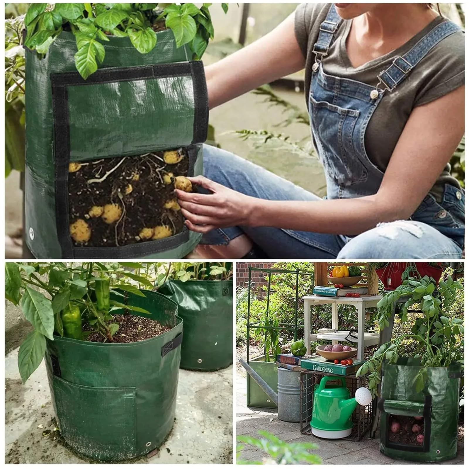 Worki z włókniny do sadzonek, Zestaw 3 toreb ogrodowych o pojemności 3–10 galonów z tkaniny PE odchylanym górnym okienkiem na ziemniaki, marchew(10 Gallon-uk-35x50cm)