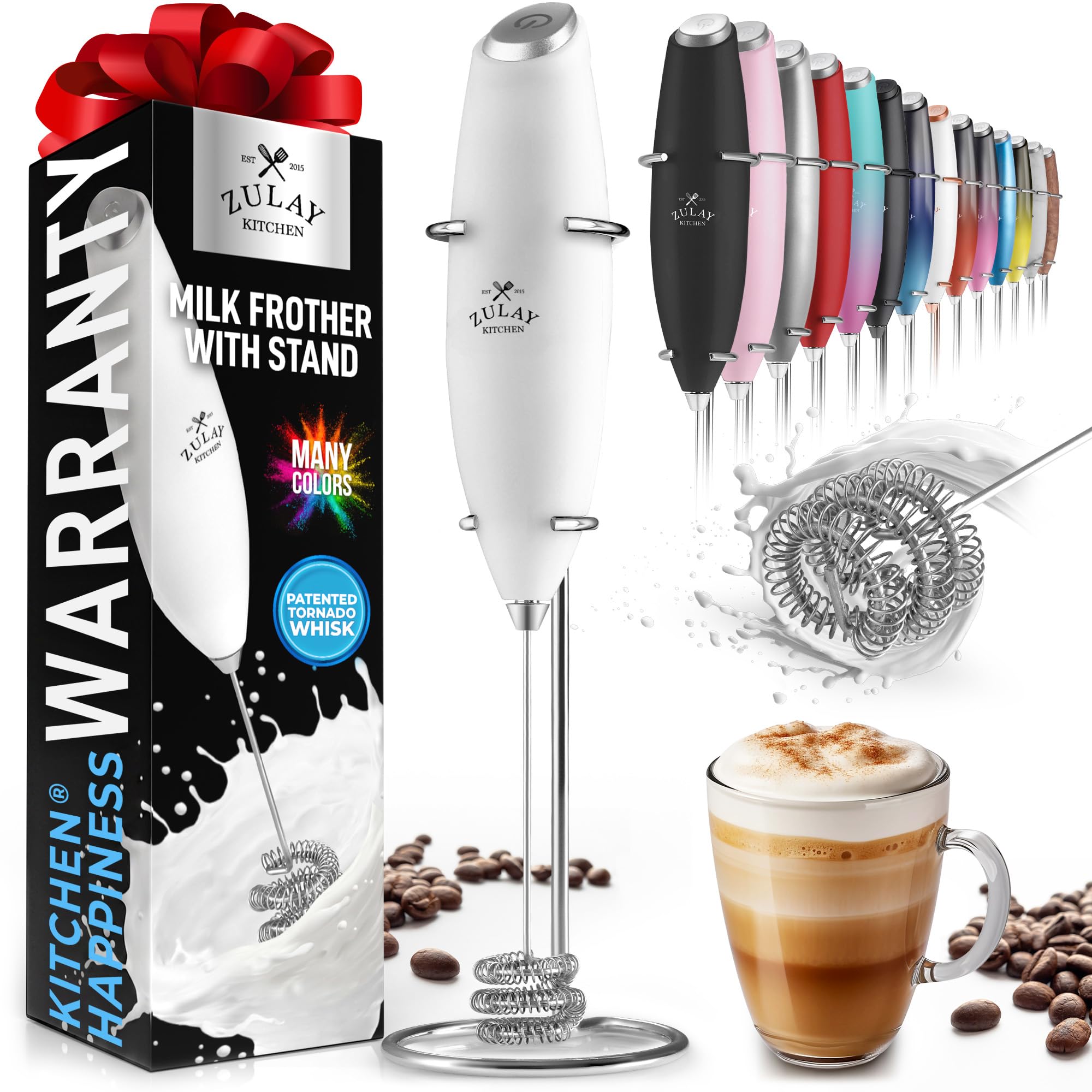 Zulay Kitchen Milk Frother with Patented Tornado Triple Whisk – Handheld Foam Maker for Coffee, Lattes, Matcha &amp; Hot Chocolate – Rich, Creamy Froth in Seconds