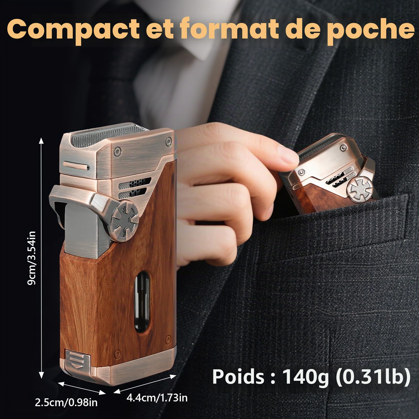 Joyoldelf Briquet torche à quatre flammes – Briquet jet butane rechargeable coupe-vent avec cutter, poinçon et fenêtre de carburant (sans butane) – Cadeau de qualité supérieure pour homme, fumage en