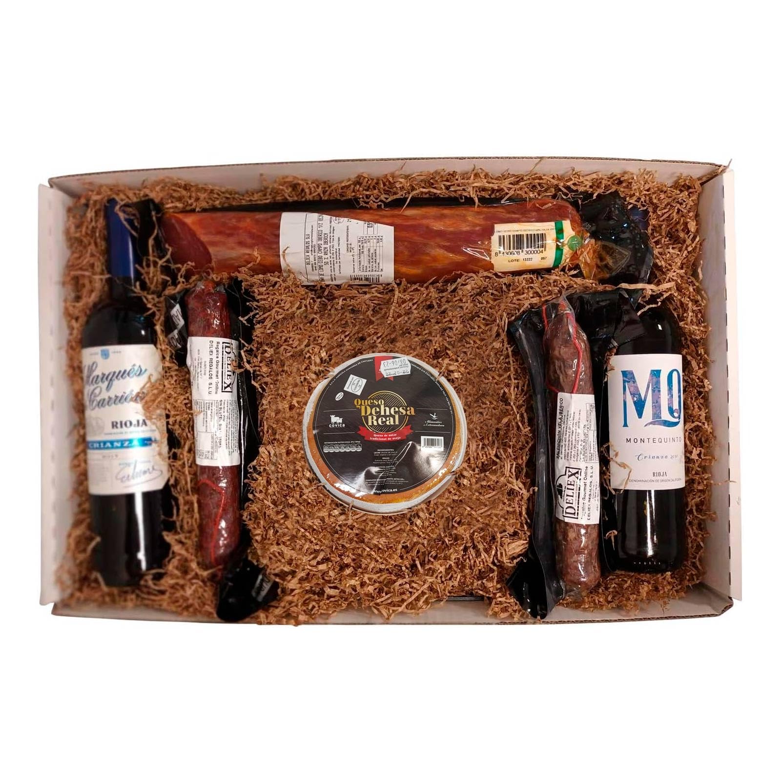 Bonito estuche con deliciosa torta de la serena, embutidos extremeños y vinos tintos