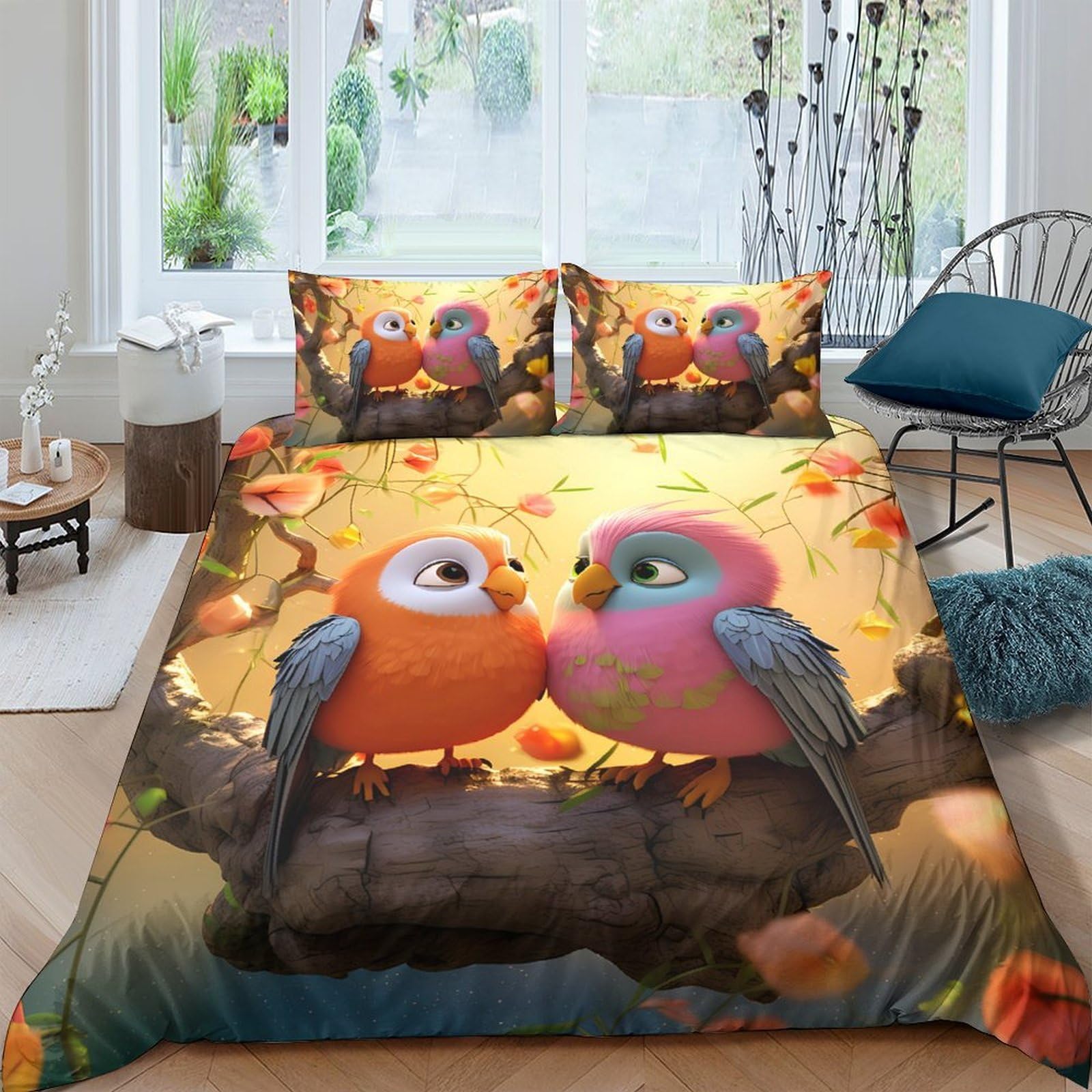 Ctjqhvkz Style-5 3D Printed Cartoon Love Birds Fitted Sheet Microfiber Soft Orange Pink Bird Bed Cover For Bedroom Guest Room Decor Single（135X200cm）
