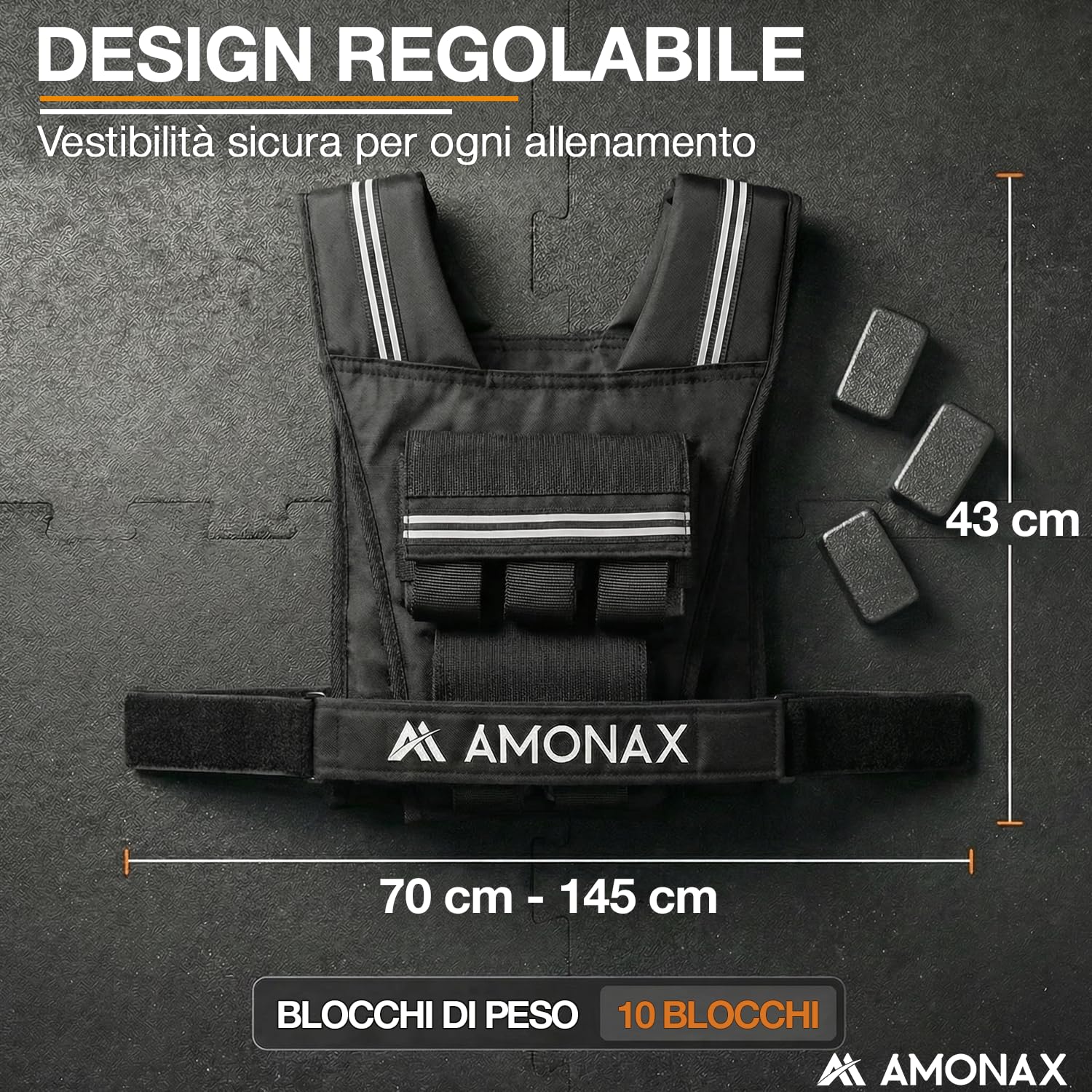 Amonax Giubbotto Zavorrato 10kg / 20kg / 30kg, Gilet Zavorrato Regolabile con Elementi Riflettenti per Uomo e Donna, per Allenamento Fitness, Camminata e Aumento della Massa Muscolare