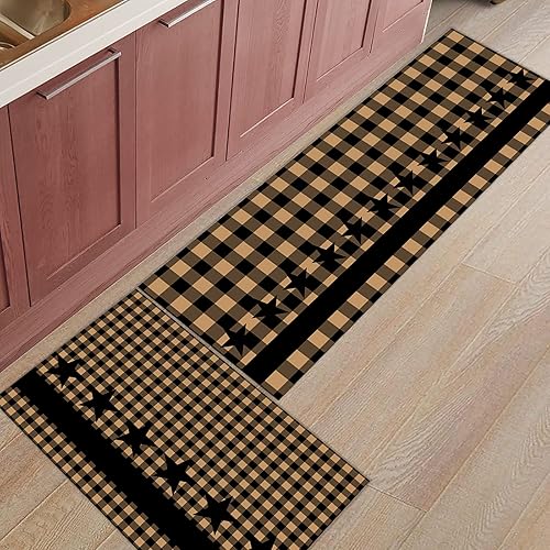 Miniatura 3 de Kitchen Rug Mats Set of 2 Piece Black Stars Check Non Slip Cushioned Rug Brown Buffalo Plaid Anti-Fatigue Washable Comfort Floor Mat Carpets Home