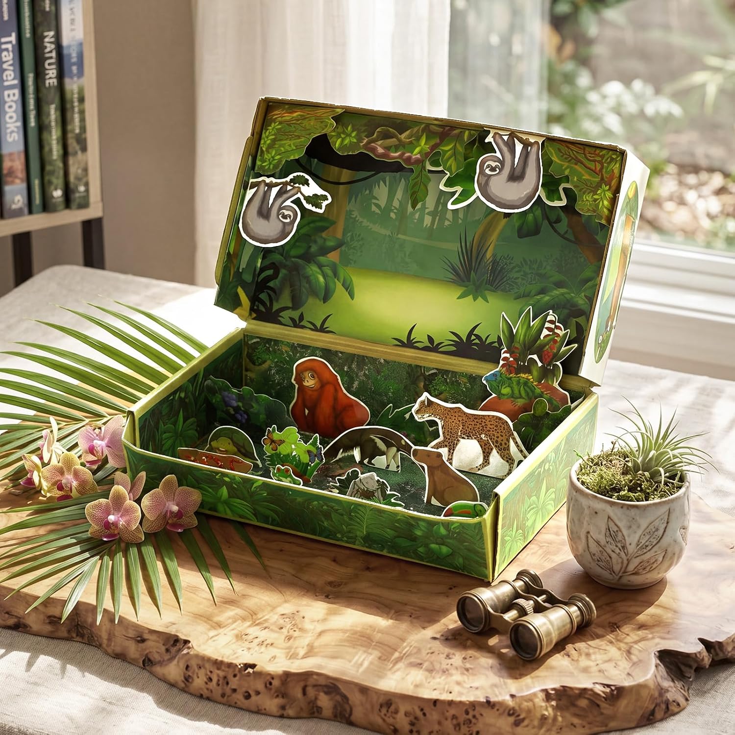Gueevin 35 Pcs Rainforest Animal Diorama Kit Jungle Animals Figures Diorama Box Supplies Cardboard Model Set with Stickers Craft Kits for Science Learning DIY Activities Birthday Gifts Creative
