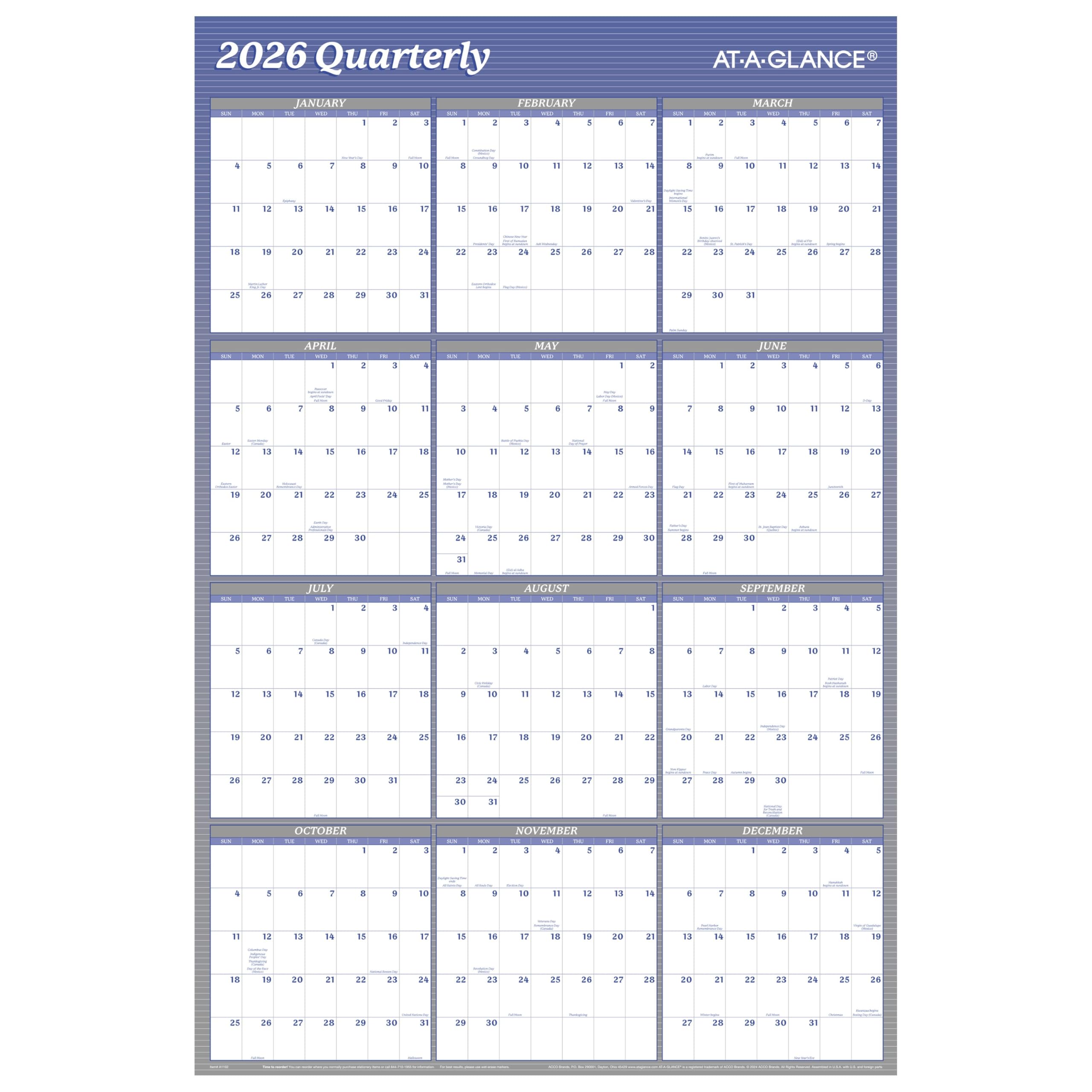 AT-A-GLANCE Calendario 2026 cancellabile, agenda da parete cancellabile a secco, 91,4 x 61 cm, grande, verticale, orizzontale, reversibile, blu (A1102-26)
