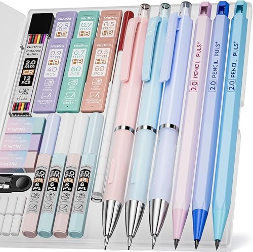 Nicpro Juego de 22 lápices mecánicos pastel en estuche, lápices de dibujo de 0.5, 0.7, 0.035 in, soportes para lápices de plomo de 0.079 pulgadas