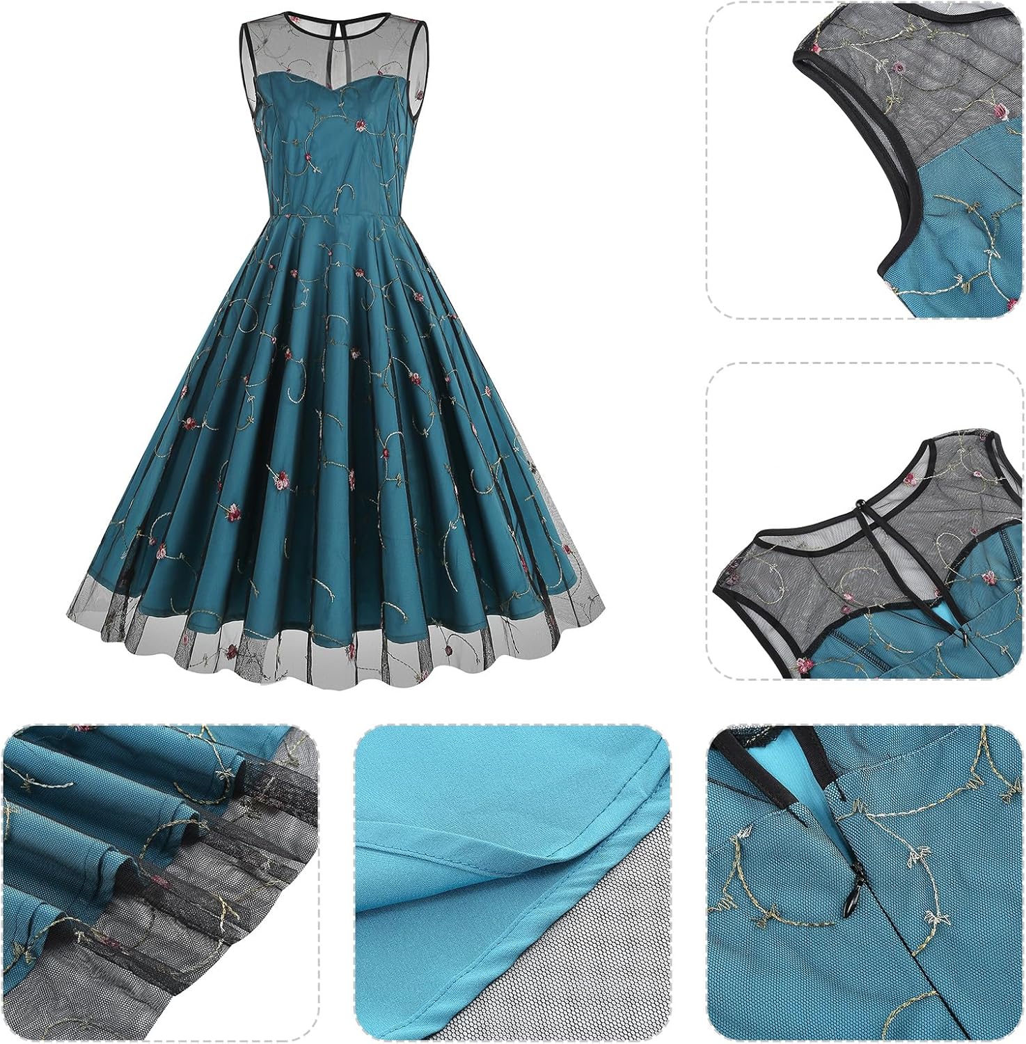 Floral Embroidered Dress for Women Sleeveless Keyhole Floral Mesh Dress Vintage Cocktail Tea Party Embroidered Tulle Dress - Image 4