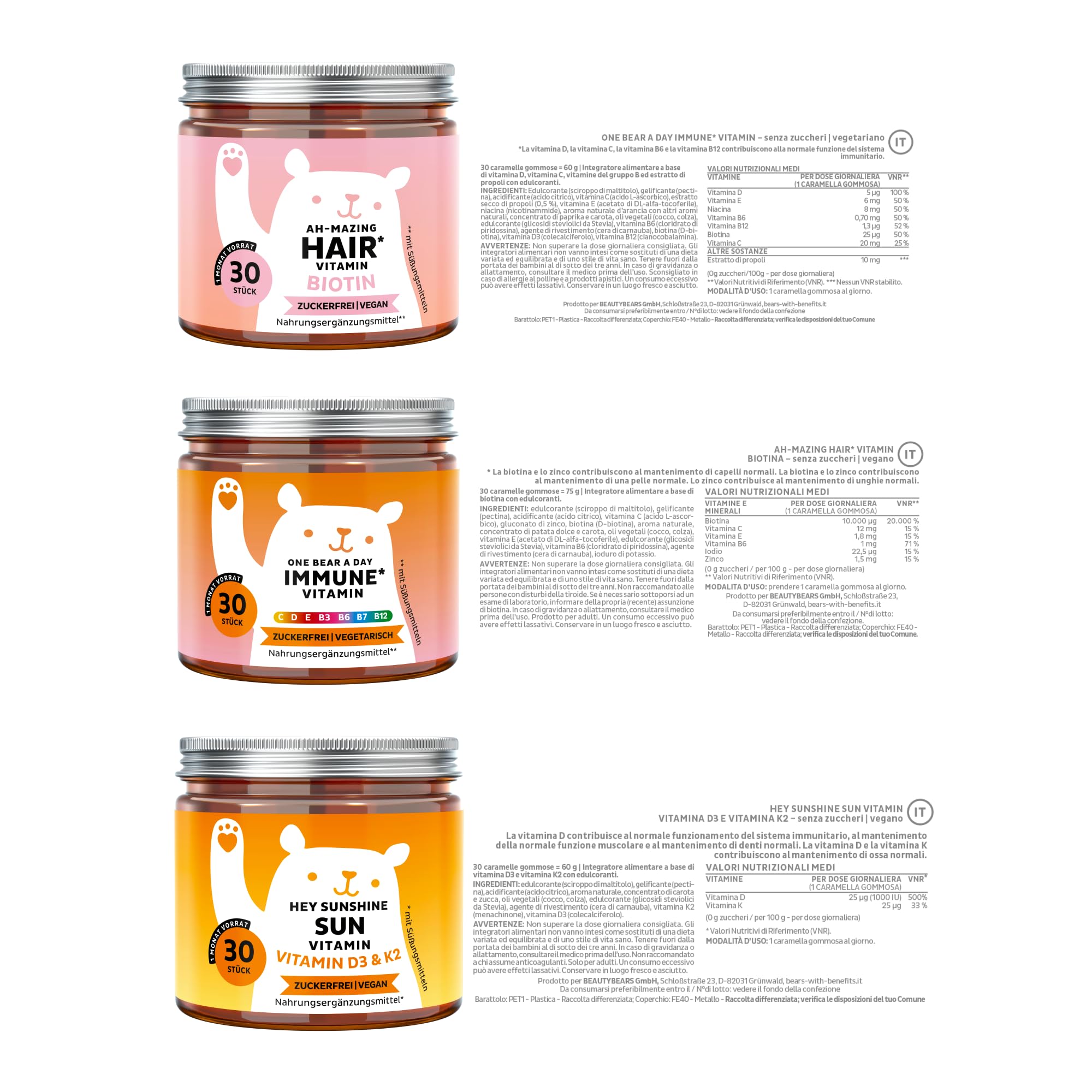 Bears with Benefits - Pack Trio Benessere Capelli & Immunità - 3x30 pezzi | Pack Trio Biotina, Complesso Multivitaminico & Vitamine D3 K2 - Senza Zuccheri