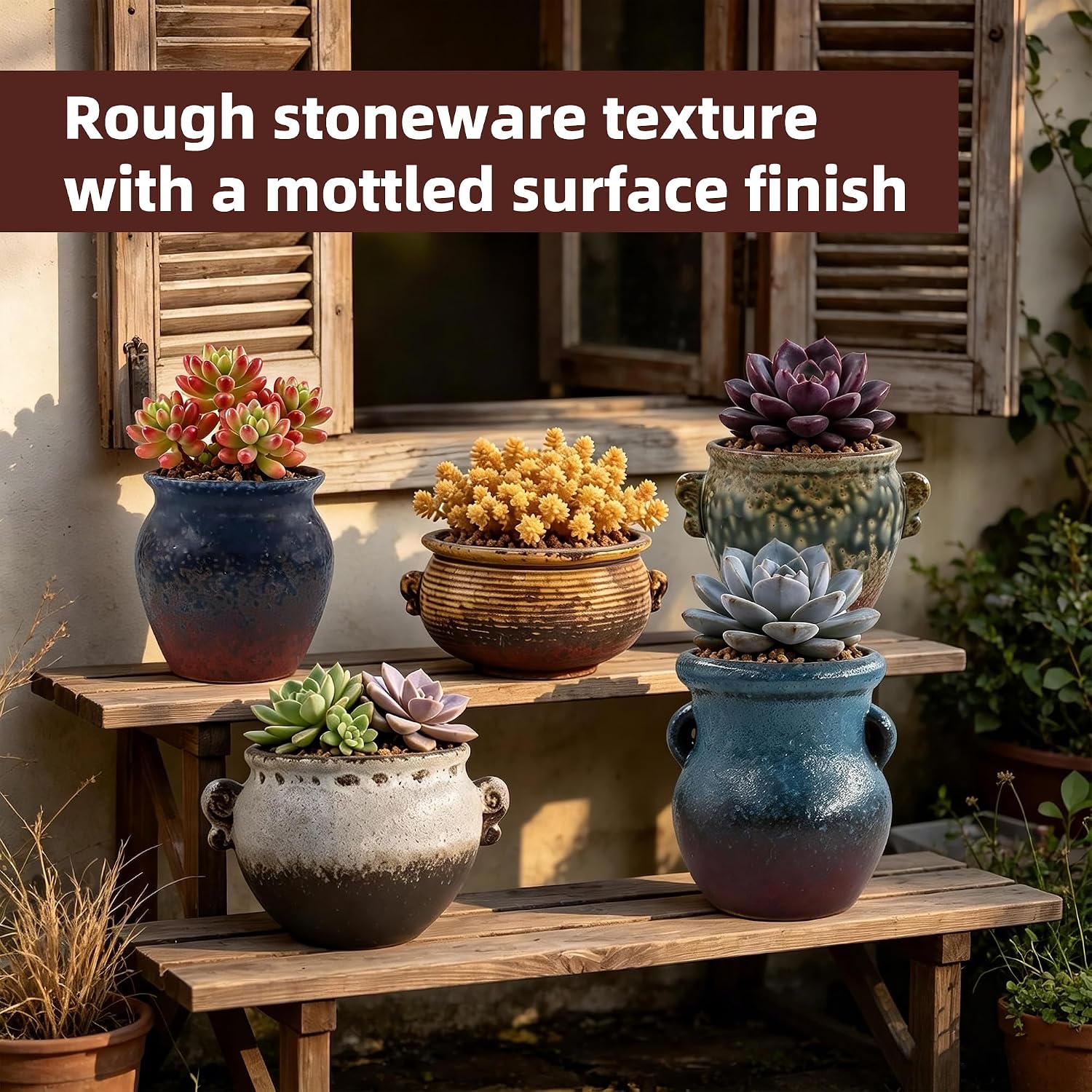 Succulent Ceramic Pots Retro Garden Planter Small Plant Container with Drainage Set of 5 for Home Office Decor image 5