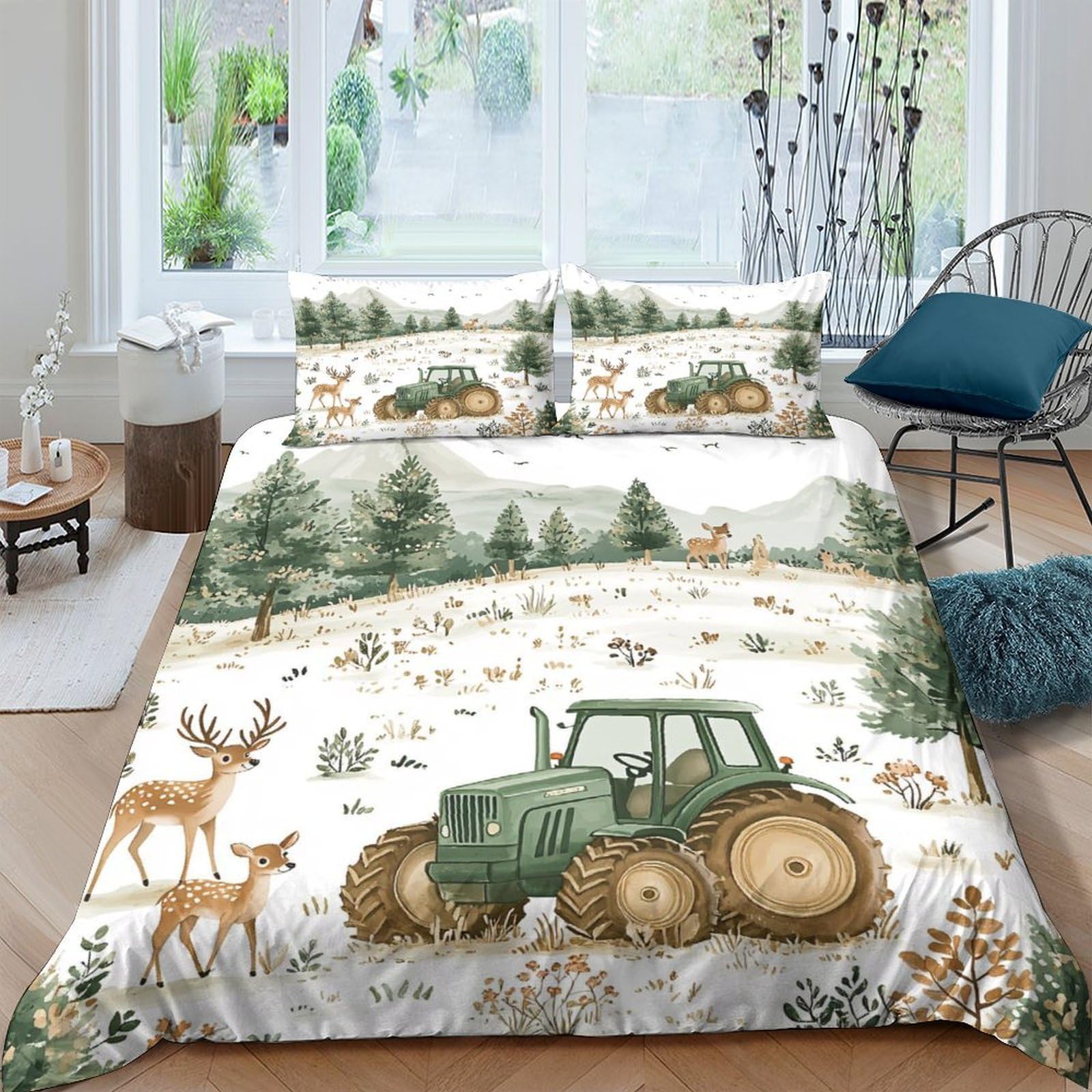 Ctjqhvkz Style-5 3D Printed Forest Tractor Fitted Sheet Microfiber Soft Breathable Deer Landscape Bed Cover For Bedroom Guest Room Single（135X200cm）