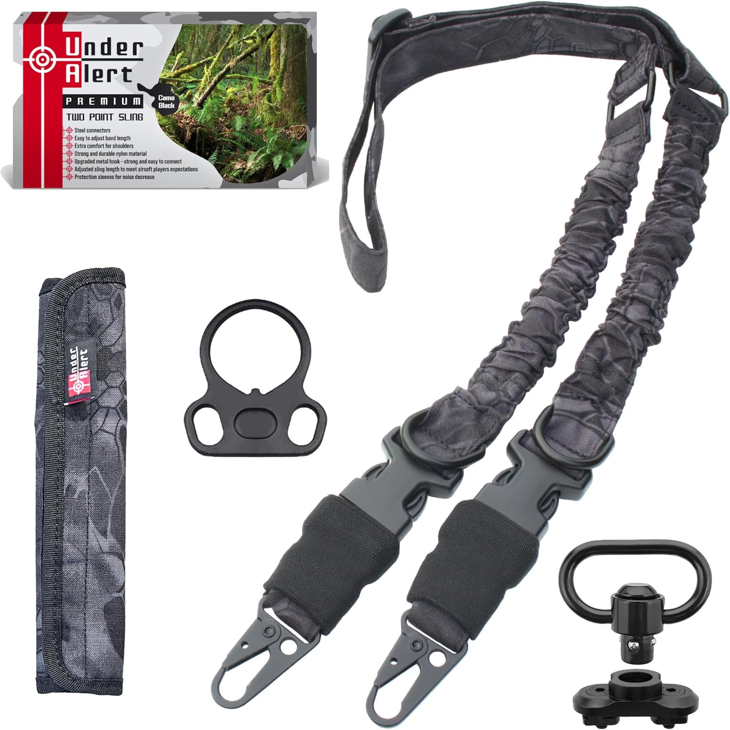 UnderAlert 2 Point Rifle Sling with Soft Shoulder Pad, Built-in Hooks and Swivel | Adjustable Length Gun Sling | Versatile Rifle Strap | Two Point Gun Strap with Gift Box for Husband, Camo Black