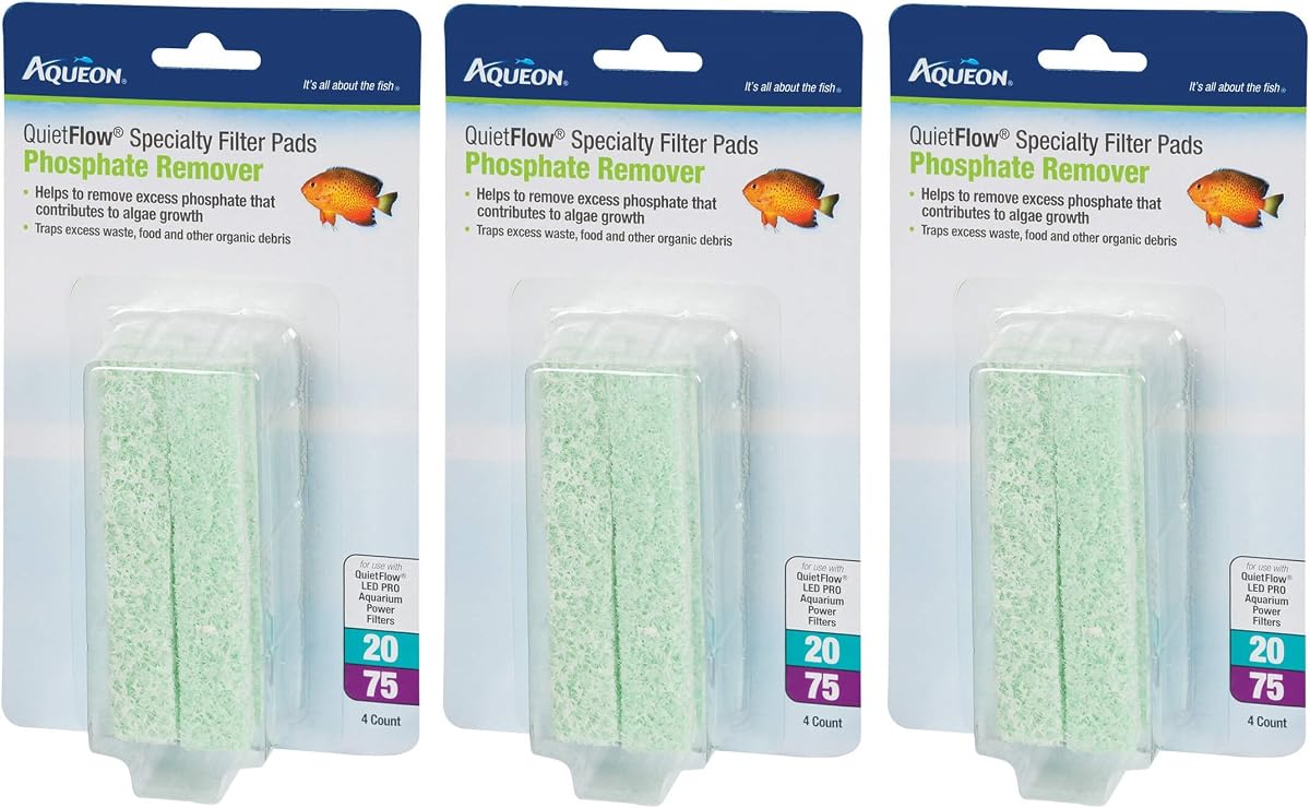 Aqueon QuietFlow Phosphate Remover Specialty Filter Pads, Size 20/75, 4 Pads Per Pack (12 Count)