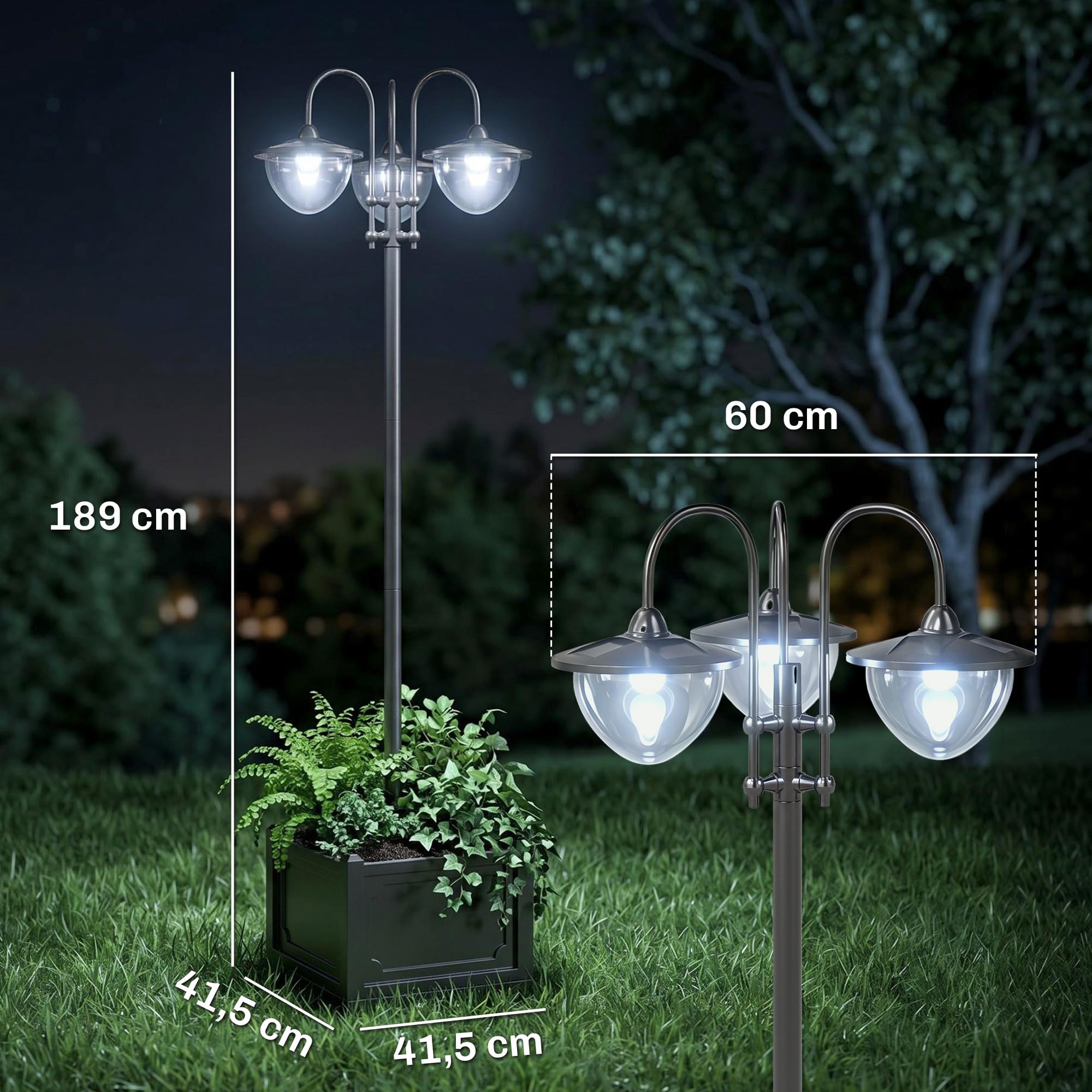 Outsunny Farol Solar de Jardín con 18 Luces LED Blanca Fría 6000K Impermeable IP44 Sensor de Noche y Base de Maceta Farola de Exterior para Camino Terraza Patio 60x55x189 cm Negro