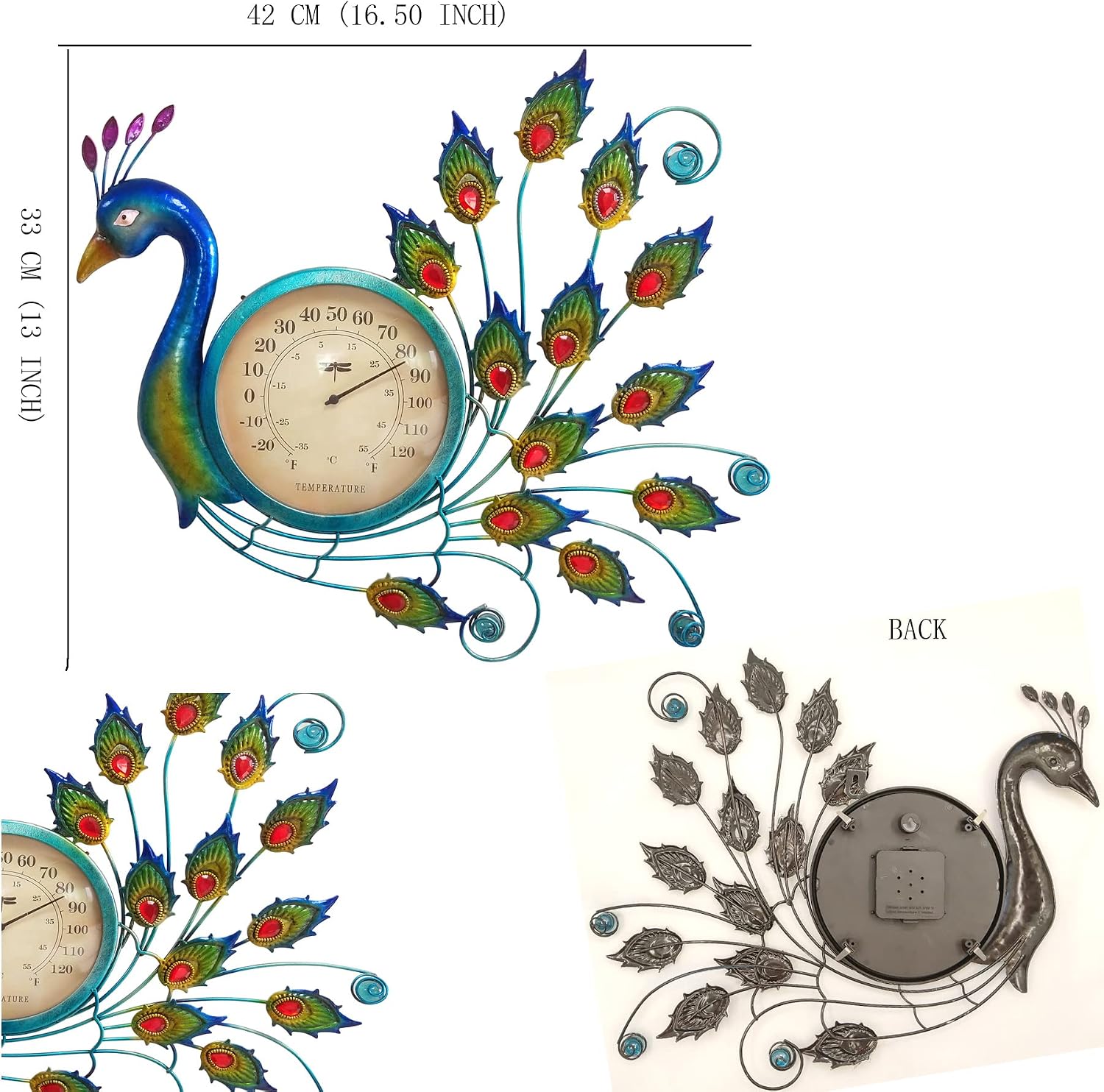 Peacock Thermometer Indoor Outdoor Wall Art Decor Plaque Sculpture Hanging Mounted for Living Room Bedroom Kitchen Workroom Patio Waterproof,No Battery Required