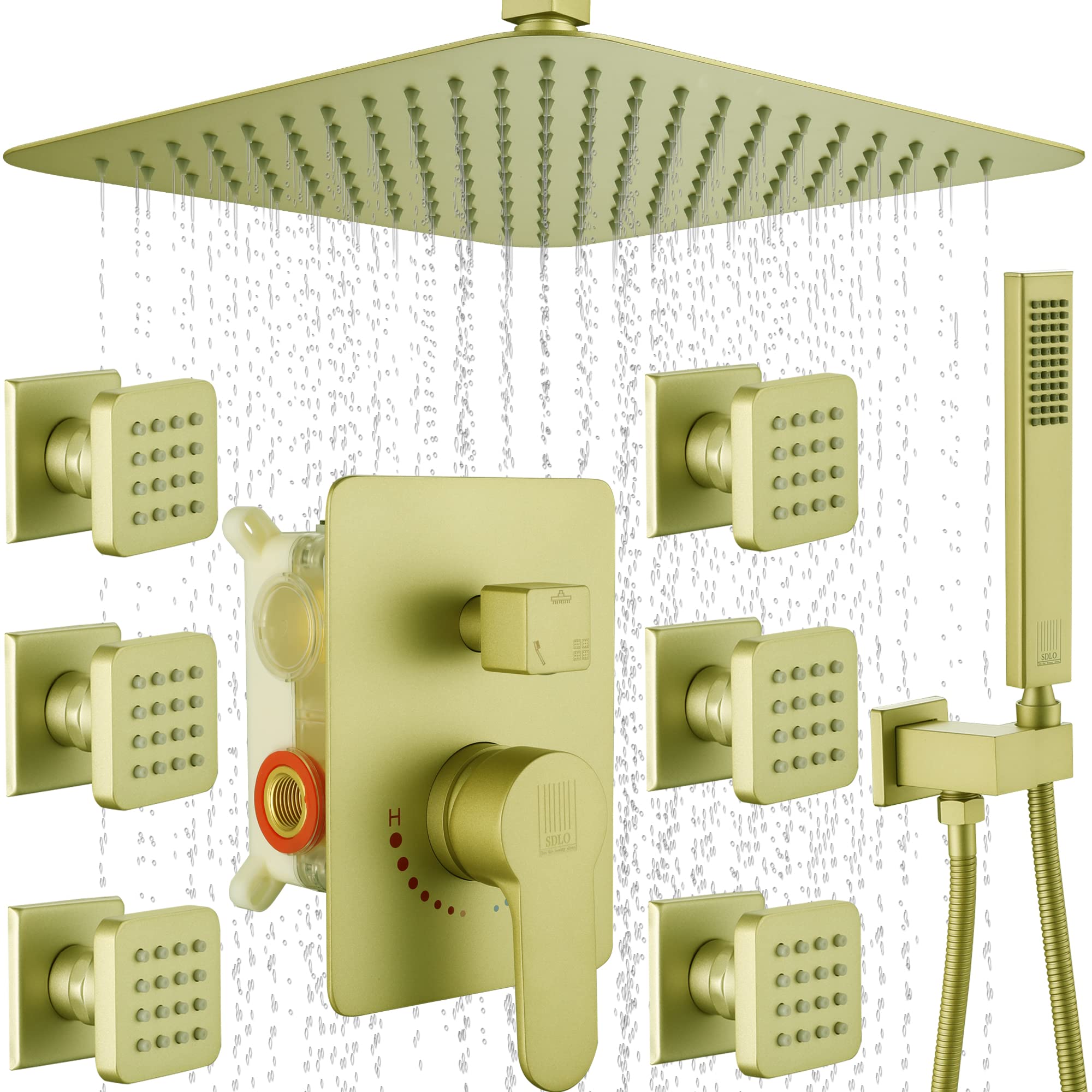 SDLO Shower System With Body Jet Rain Shower Head with Handheld Gold Shower Faucet Set 12 Inch Ceiling Shower Head and Shower Fixture Set ,Shower Faucet Combo with Valve