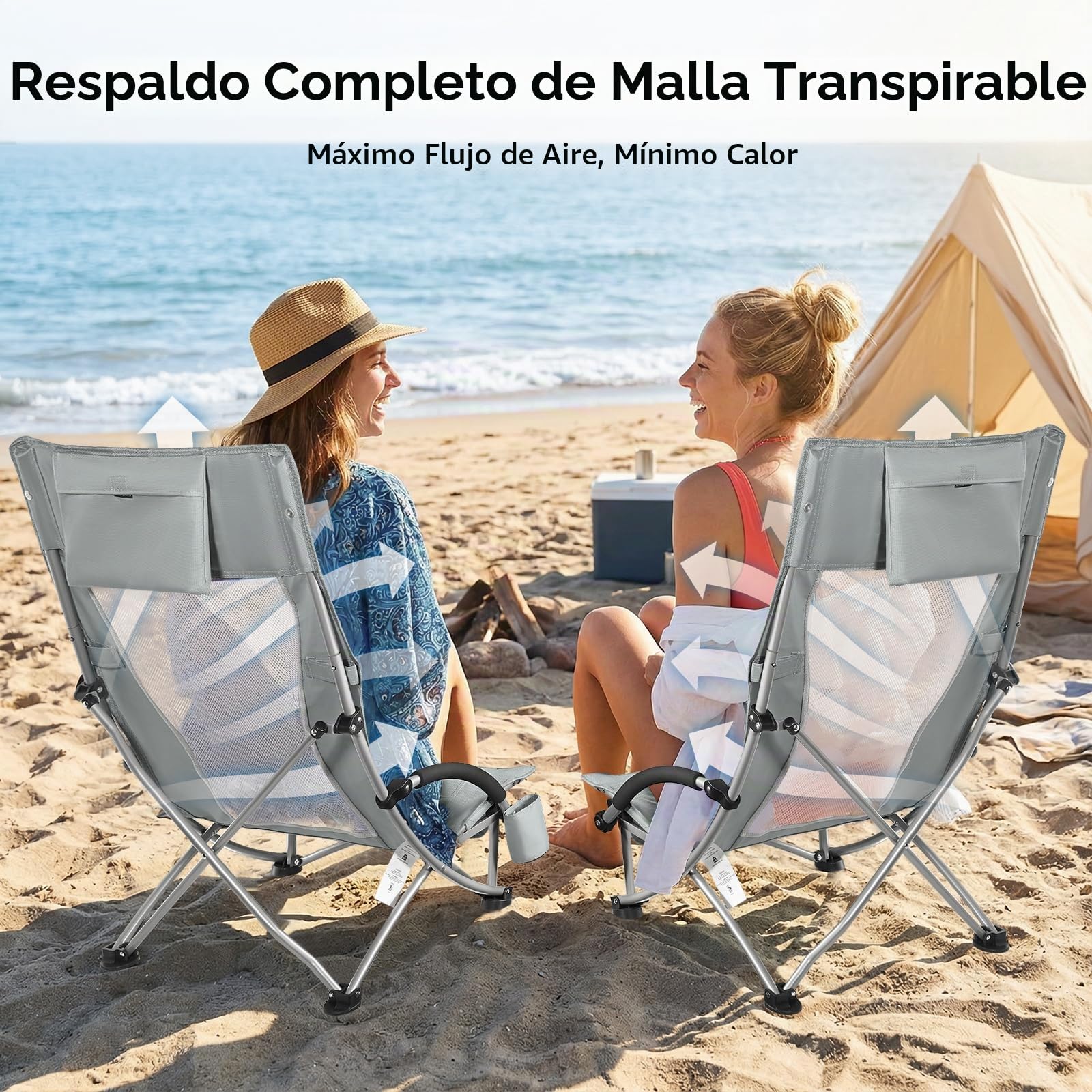 WildFun 2 sillas de playa plegables bajas, ligeras y portátiles, con respaldo alto, soporte para bebidas, soporta hasta 180 kg, para viajes, exteriores, barbacoas, pícnic, festivales (2 unidades, gris