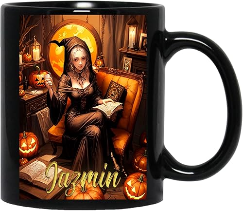 Personalized Beautiful Jazmin Witch Custom Name Witch Mug, Personalized Halloween Cup, Witch Halloween Gift with Your Name or Text in Black Mug 11oz