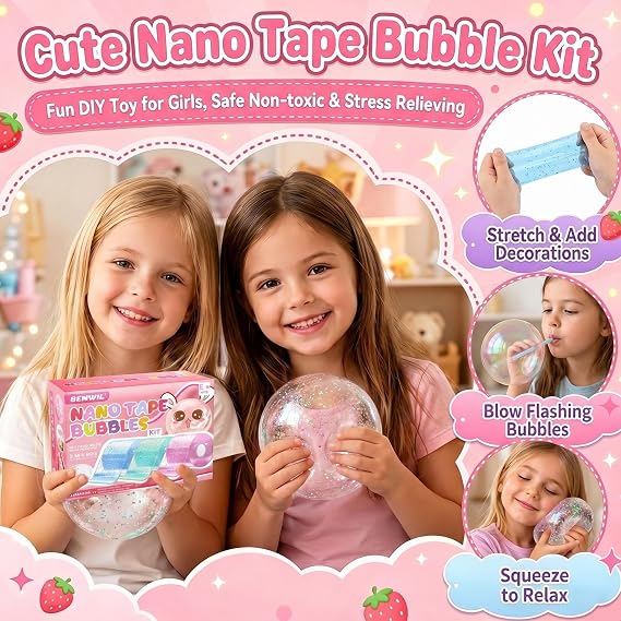 BENWIL Squishies Nano Tape Bubble Kit for Kids, DIY Squishy Stress Ball Making Maker Kit, Party Favors for Kids 4-8 8-12 Toys for Classroom Birthday Xmas Gifts