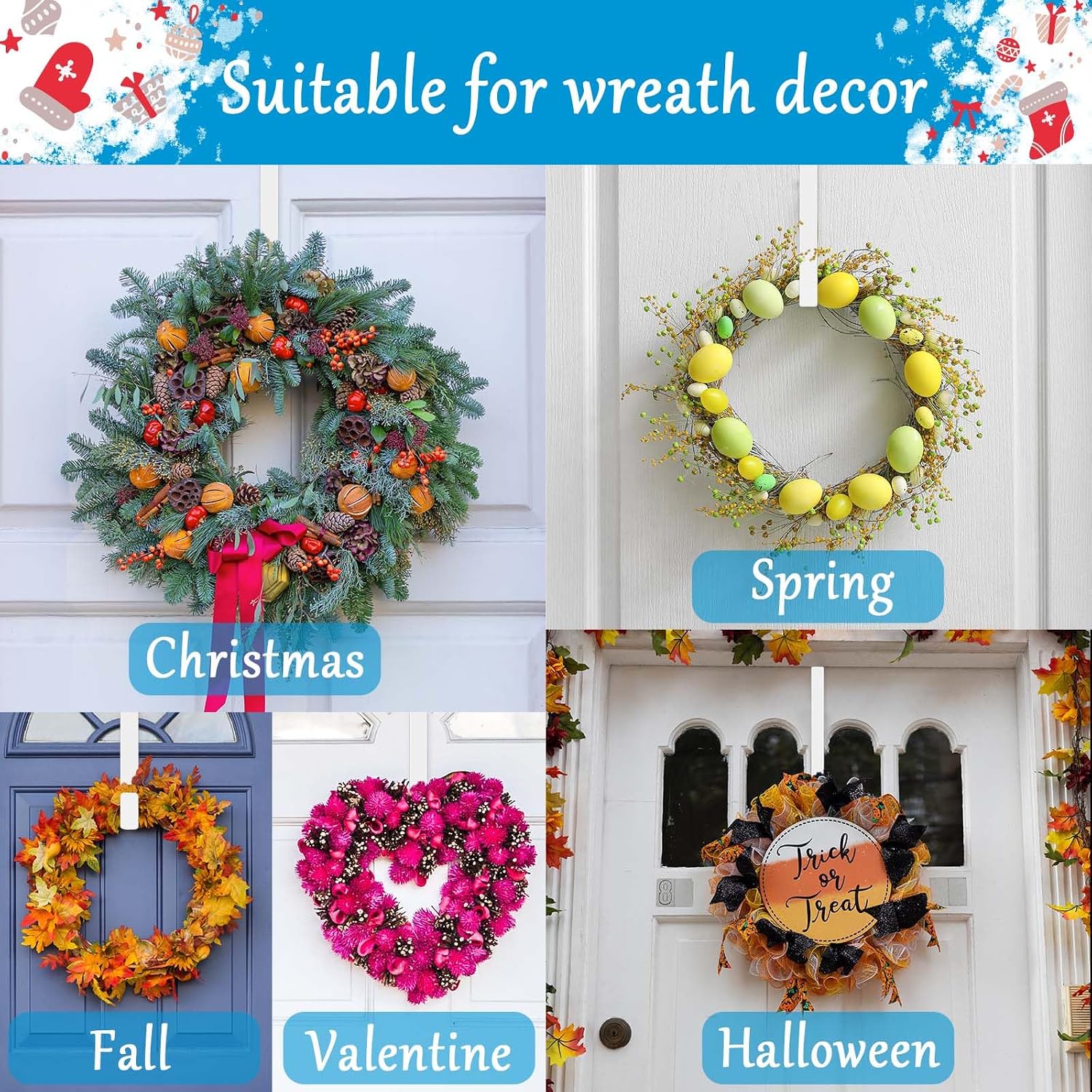4 Pack 12" &15" Wreath Hangers for Front Door, Over The Door Wreath Hanger Halloween Decorations Wreath Hook for Hanging Christmas Easter Fall Decoration, Welcome Sign Holder (White)