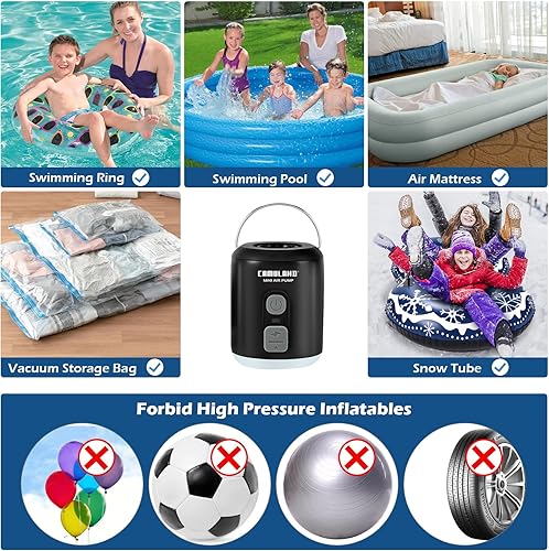 Miniatura 8 de CAMULAND Mini bomba de aire con diseño magnético, linterna de campamento, bomba eléctrica para inflables con batería de 1400 mAh recargable para