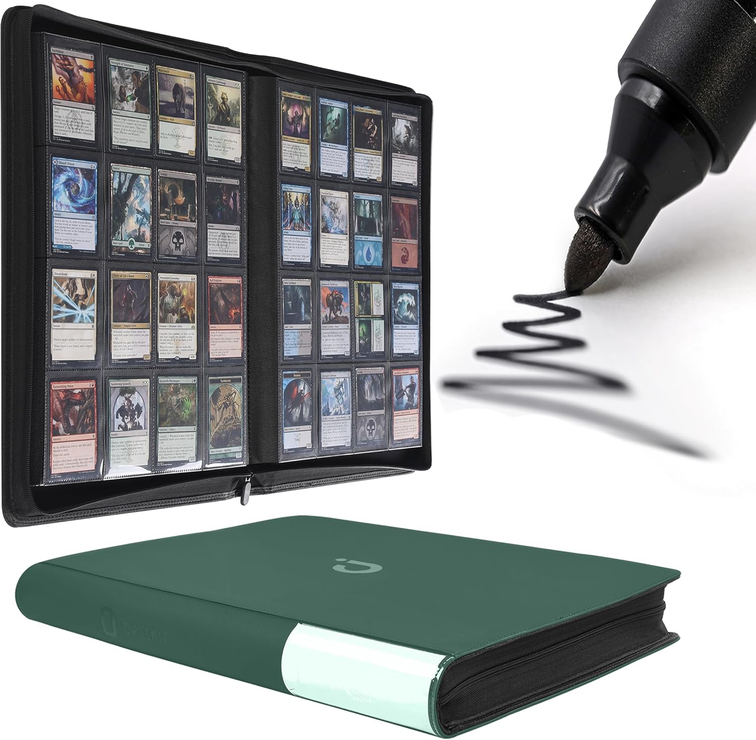 D DACCKIT Card Binder 16 Pocket - Fits 1024 Cards，4X4 Ringless Card Album with Sleeves for Trading Cards & Sports Cards（Model A，Blackish Green）