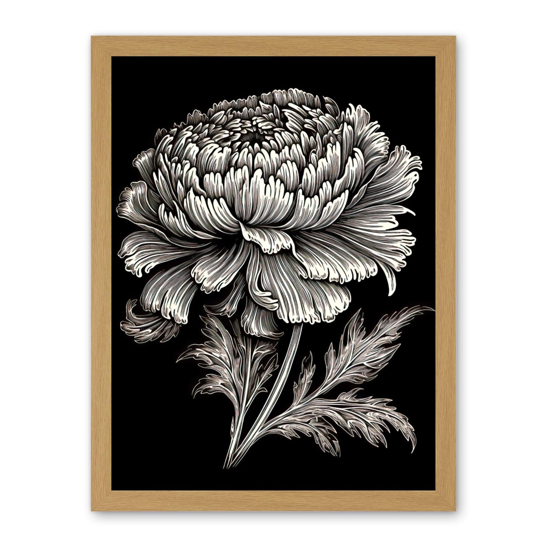 Artery8 A Single Marigold Flower Black and White Linocut Artwork Framed Wall Art Print 18X24 Inch