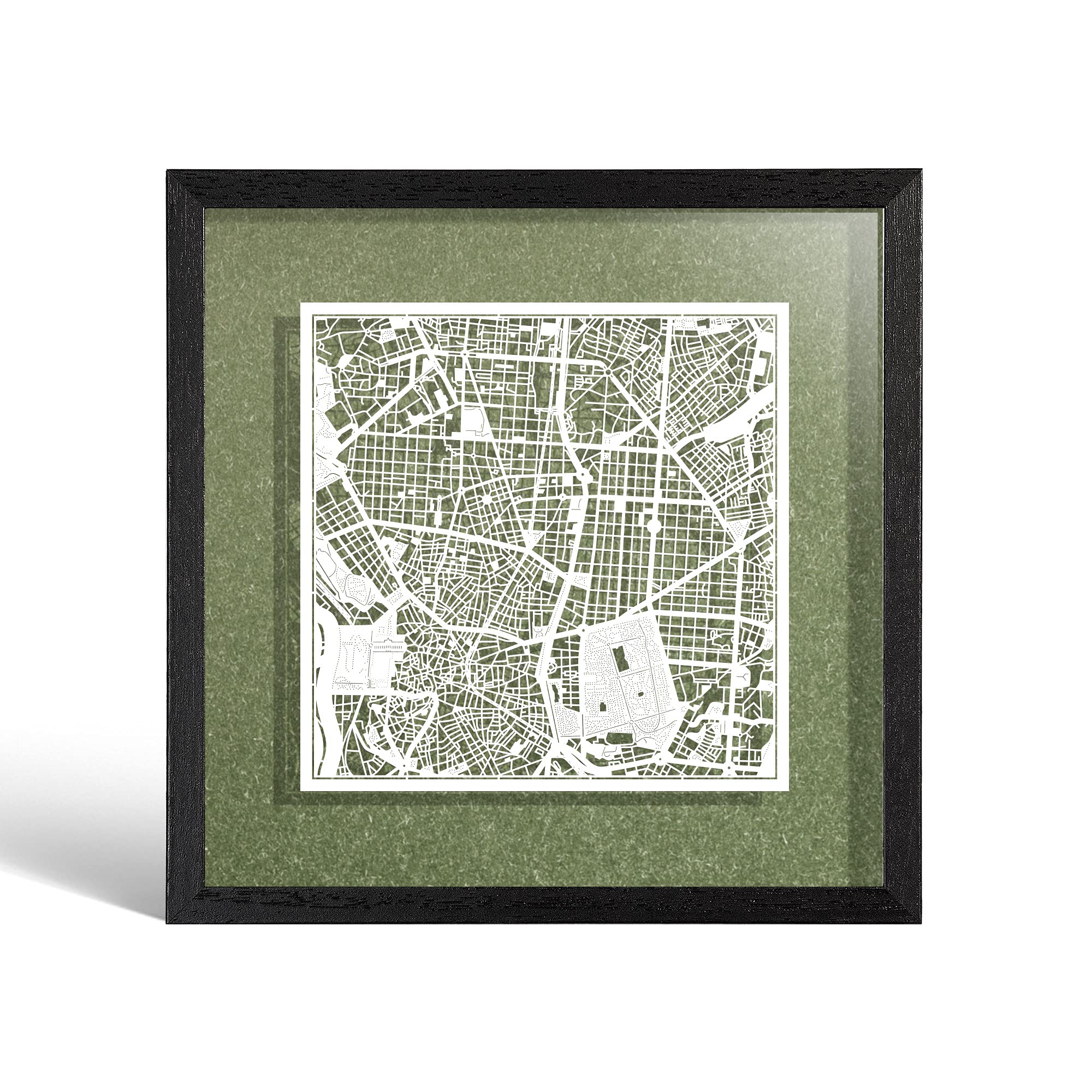 O3 DESIGN STUDIO Madrid Paper Cut Map framed, White map, Black frame, 23x23 cm, Gift Boxed, 4 background color, self-changing, Paper Art