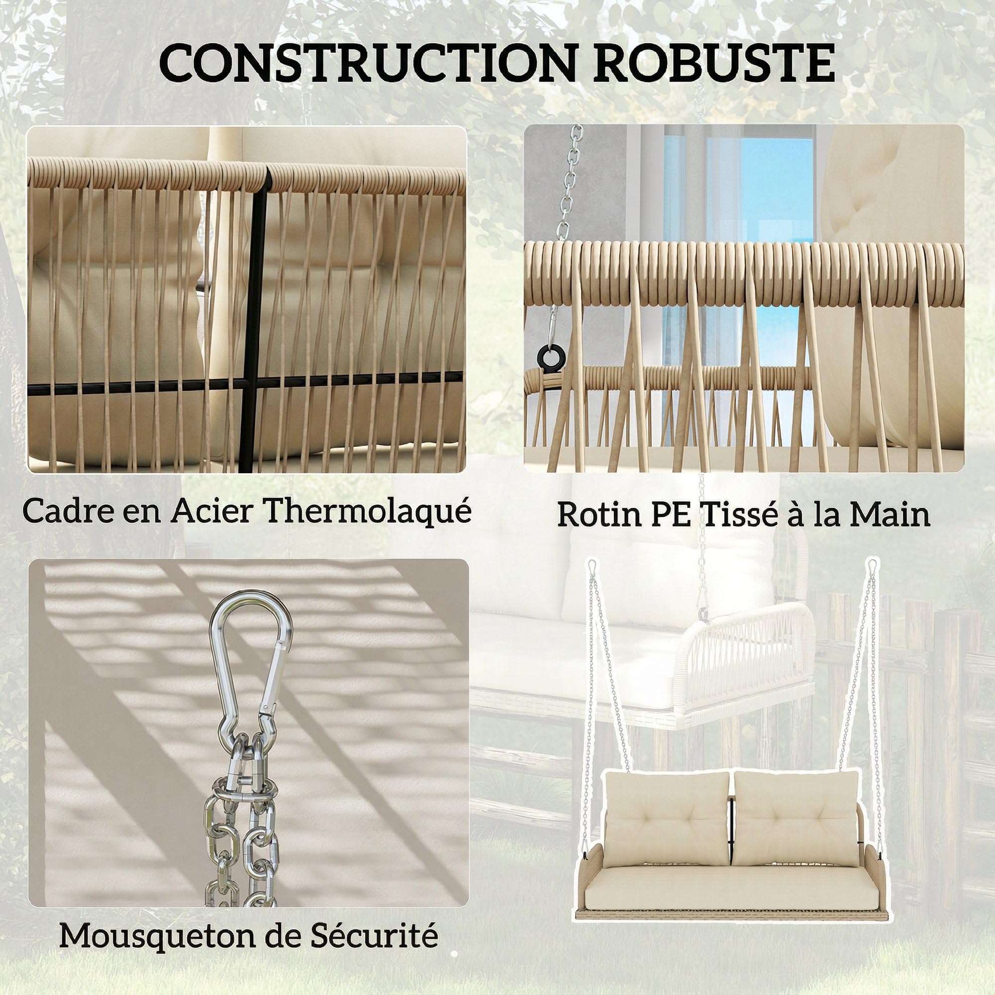 Outsunny Balancelle de Jardin en Résine Tressée 2 Places avec Coussins Amovibles, Charge 240 kg, 115x66x44cm, Beige