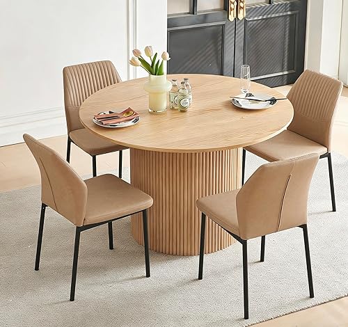 Miniatura 30 de Juego de mesa de comedor para 4, mesa de comedor rectangular irregular de madera moderna, sillas de comedor de cuero, 4 mesas y sillas, juego de 4