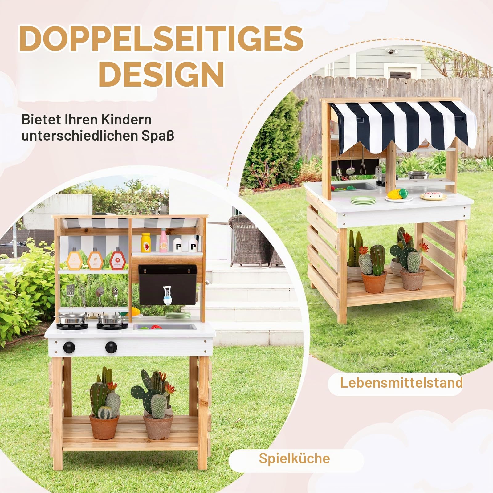 FANTASK Kinder Schlammküche, Matschküche Outdoor aus Tannenholz mit Dach & 6 Zubehör, Kinderküche mit abnehmbarem Waschbecken & Wassertank & Herd, Outdoorküche für Kinder ab 3 Jahren (Natur)