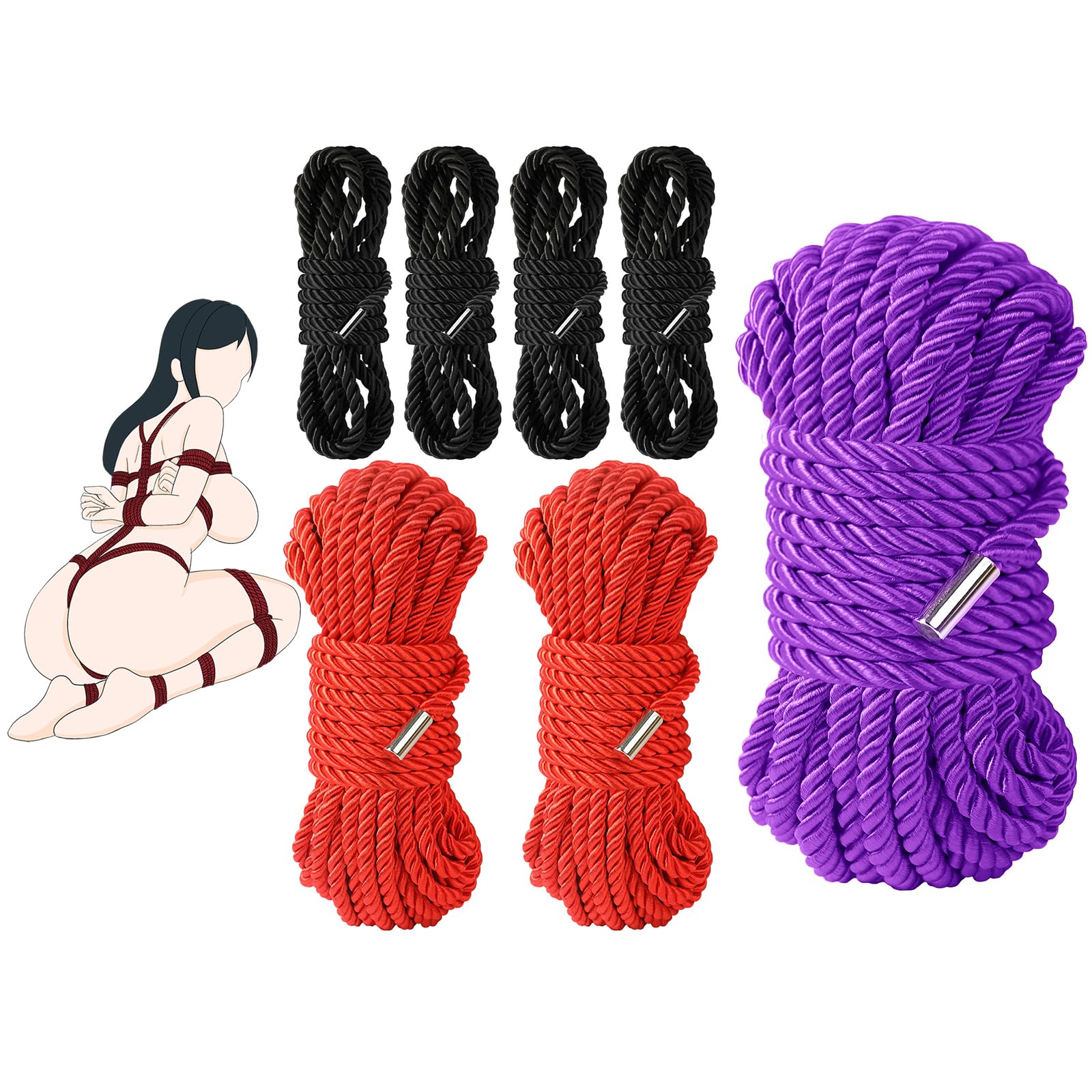 BDSM Couple Intimate Bondage Set - Soft and Multifunctional Sex Rope - Bedroom Adult Bondage Toy - Perfect for Bondage Beginners (4x8ft Black+2x16ft red+32ft Purple)