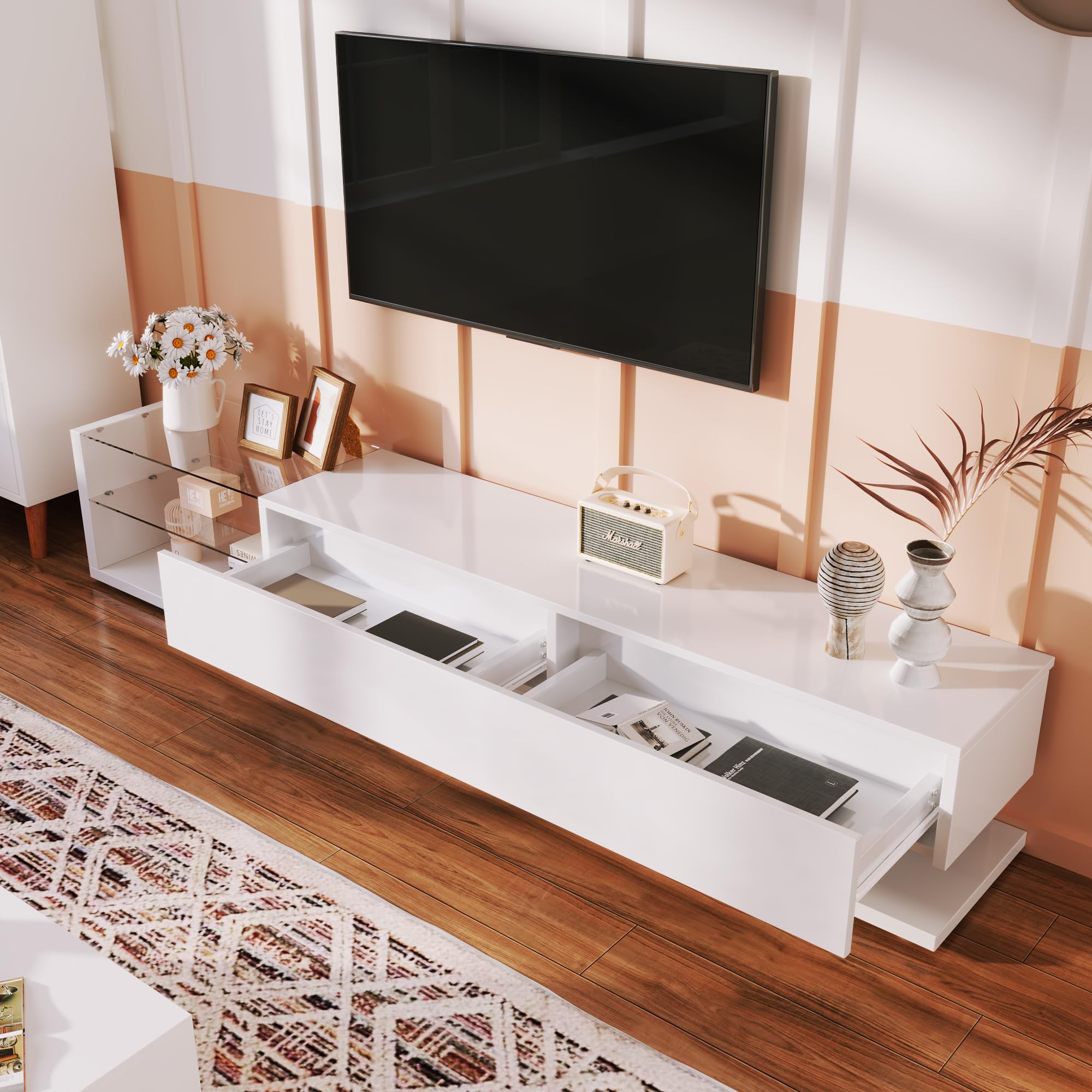 Modulo TV, Mueble de Salon TV con Luces LED, Armario Bajo con Tabique de Cristal, Moderno Destacando Mueble para Salon con Dos Amplios Cajones para Salón Dormitorio, 170x36x38 cm (Blanco)