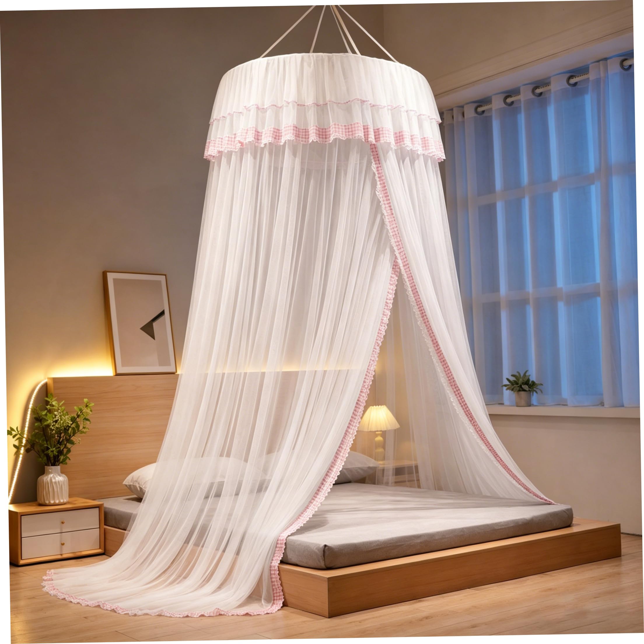 StaZamor No-Drill Lace Princess Bed Canopy for Girls, Mesh Protection Curtains Fits 1.2m Beds, Kids Room Decor, Breathable Netting, Style-2
