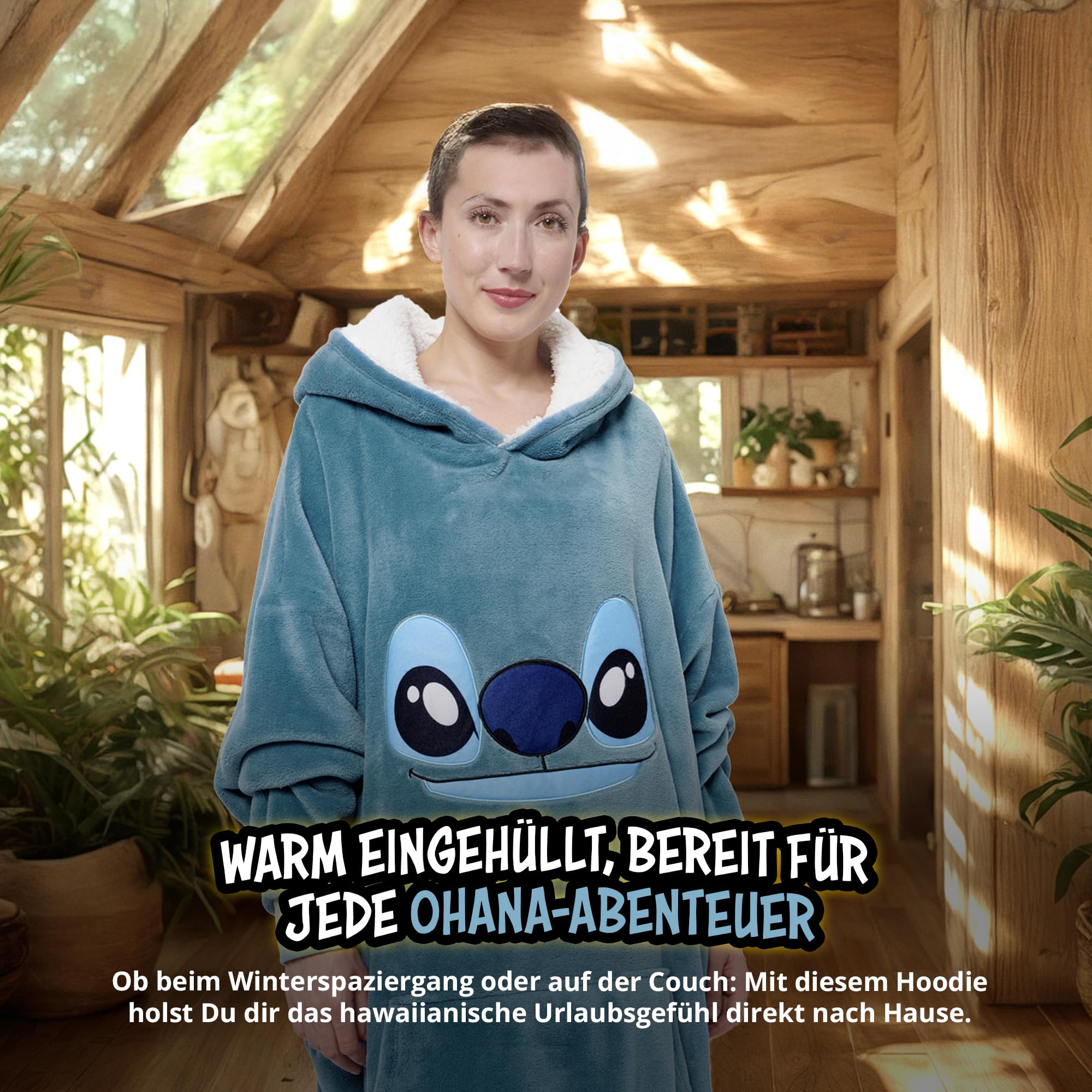 United Labels Disney Lilo & Stitch Oversize Hoodie Decke mit Ärmeln und Kapuze für Damen, Blau, Ohana, Kuschelpullover Einheitsgröße, Flauschiger Deckenpullover