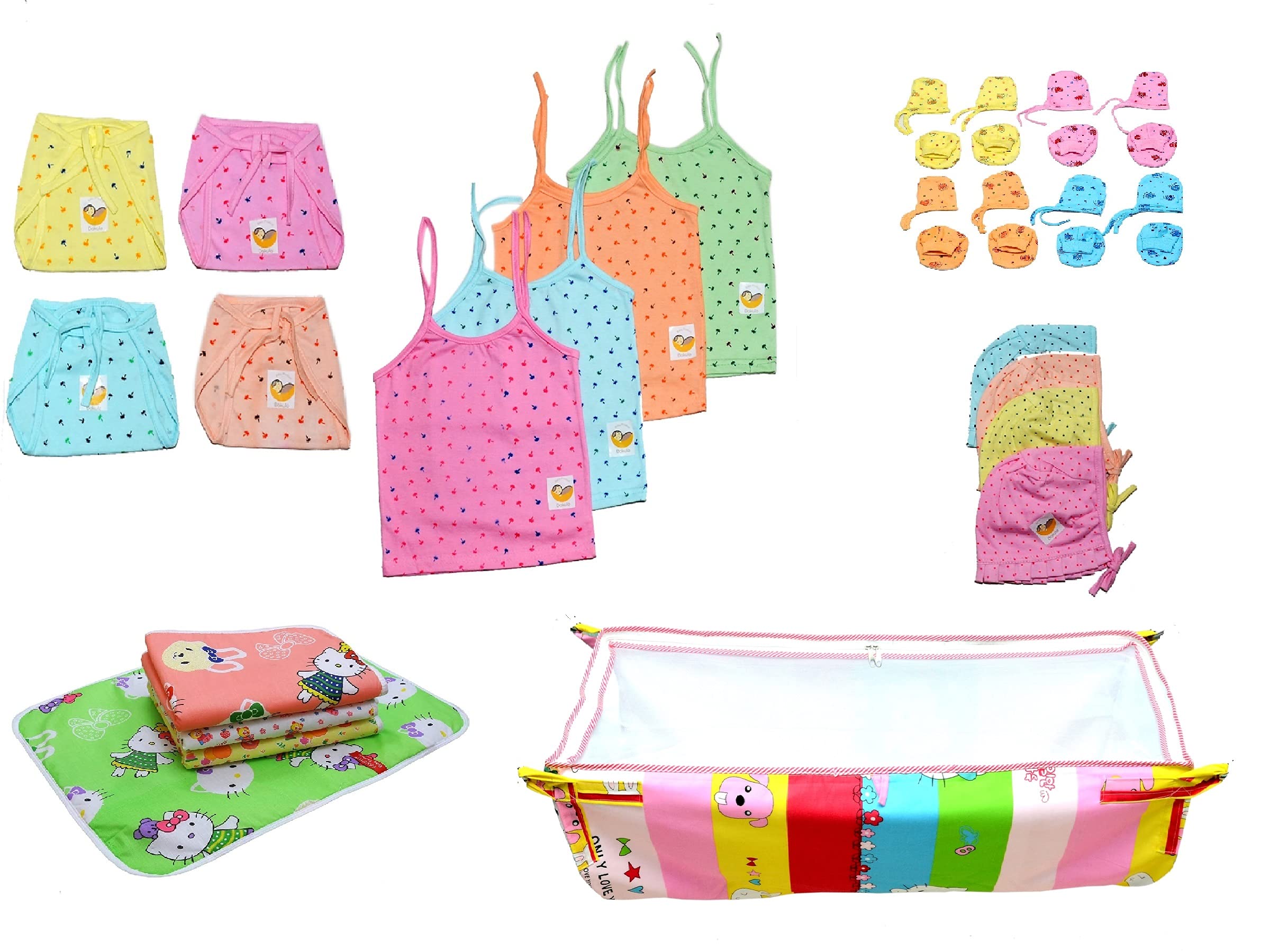 DAKULO� New Born Baby Care Cloth Set Combo Set of 04 Jhabla, 04 Nappy, 04 Mittens,04 Booties and 04 Caps Hosiery Material, Random Print (Multicolor)-image-47