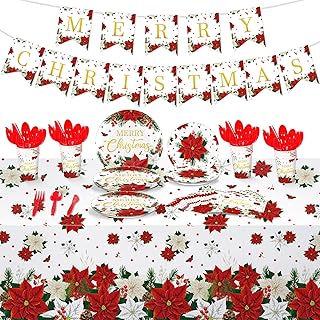 Layhit 172 Pcs Christmas Disposable Tableware Sets Christmas Poinsettia Flower Plates Tablecloth Cups Merry Christmas Dinnerware for Xmas Party Supplies Holiday Table Decorations, Serve 24