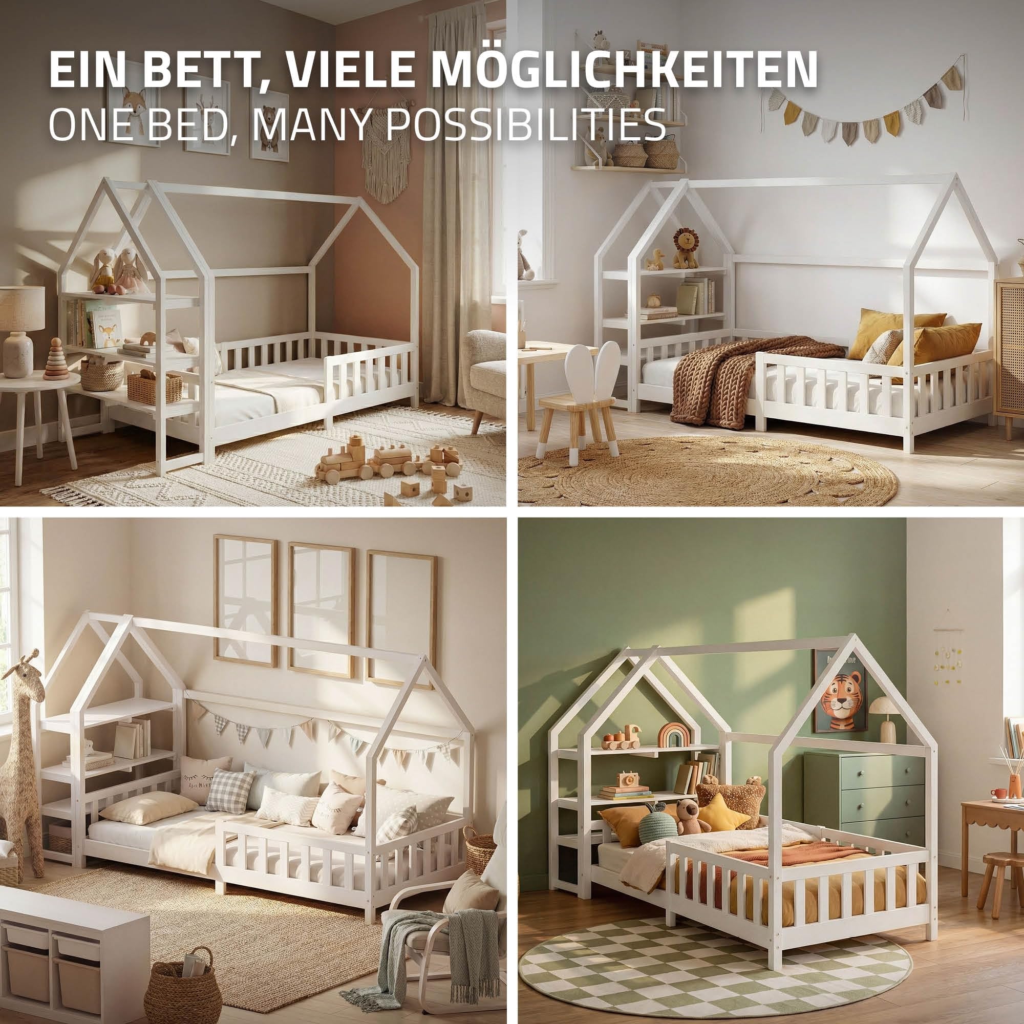 ML-Design Letto a Casetta 90x200 cm per Bambini, Bianco, in Legno di Pino, con Materasso 16 cm, Protezione Anticaduta e Libreria Integrata, Tetto e Rete a Doghe, Letto a Terra Style Montessori